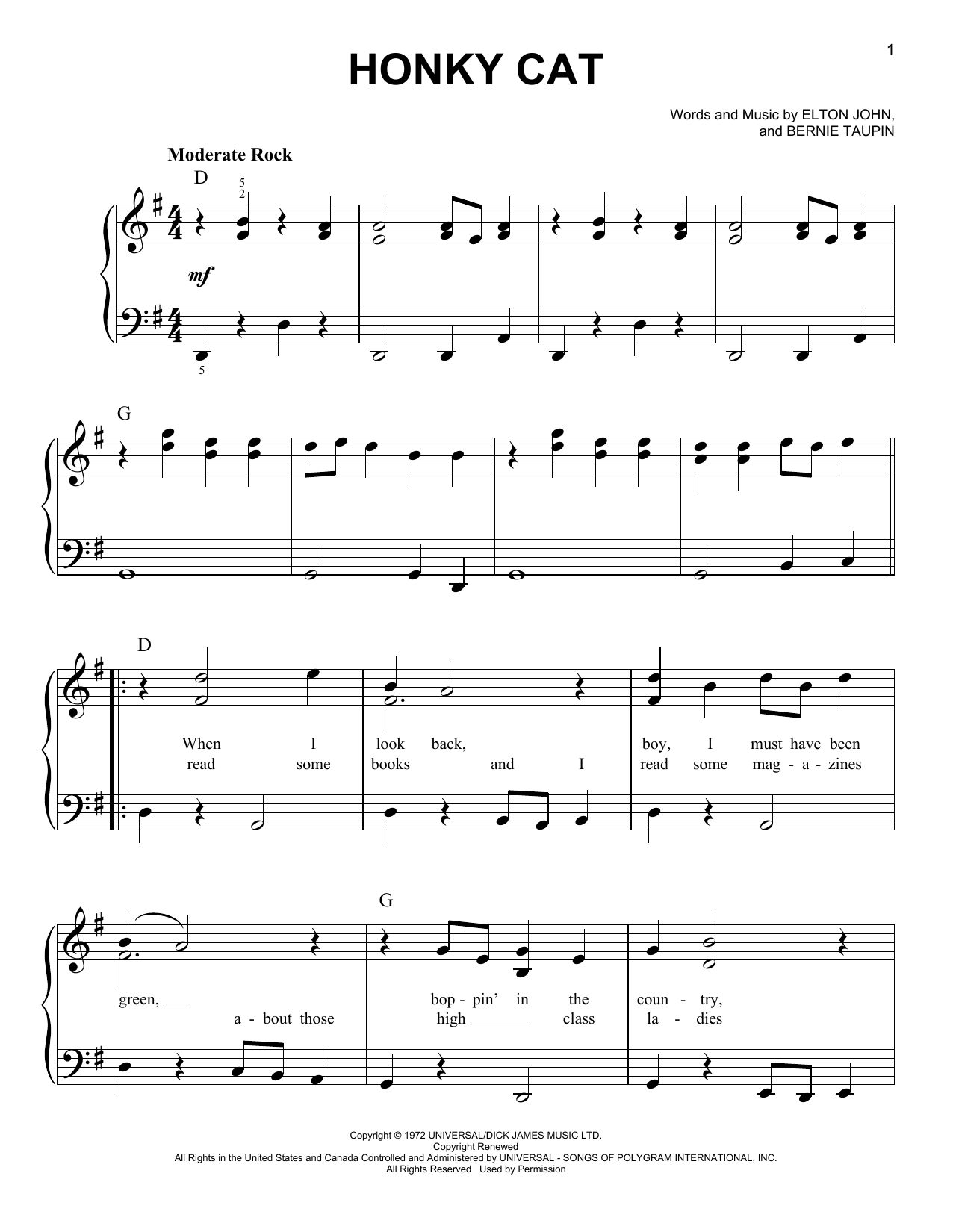 Taron Egerton & Richard Madden Honky Cat (from Rocketman) sheet music notes and chords arranged for Easy Piano