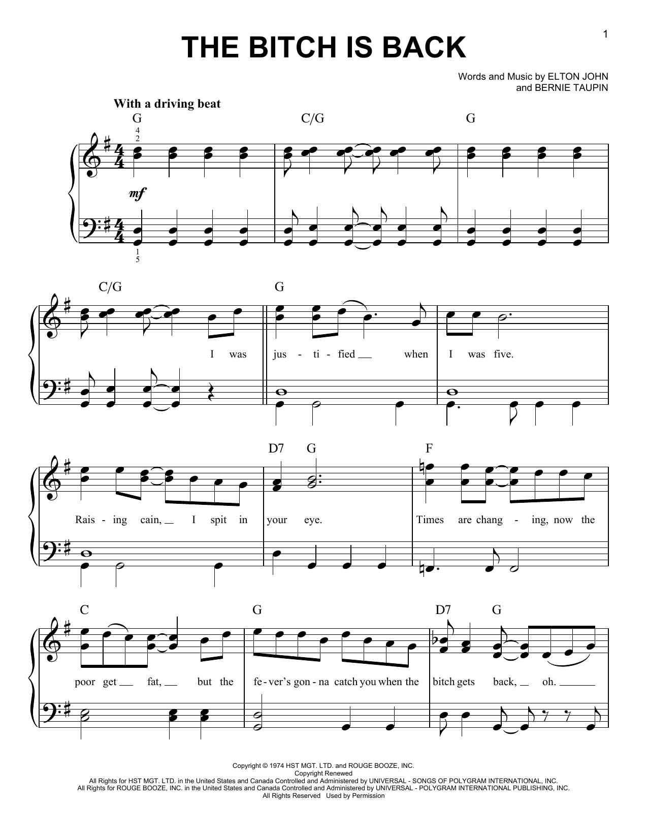 Taron Egerton & Sebastian Rich The Bitch Is Back (from Rocketman) sheet music notes and chords arranged for Easy Piano