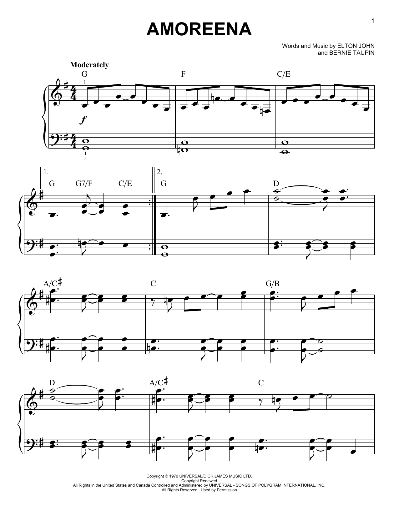Taron Egerton Amoreena (from Rocketman) sheet music notes and chords arranged for Piano, Vocal & Guitar Chords (Right-Hand Melody)