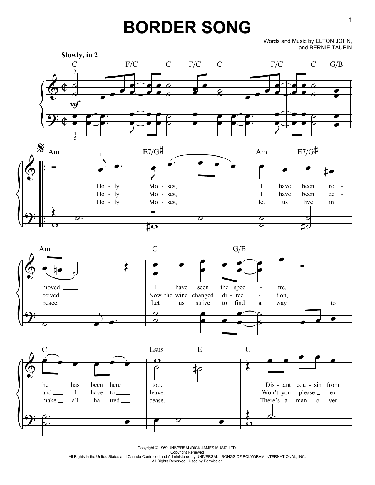 Taron Egerton Border Song (from Rocketman) sheet music notes and chords arranged for Easy Piano