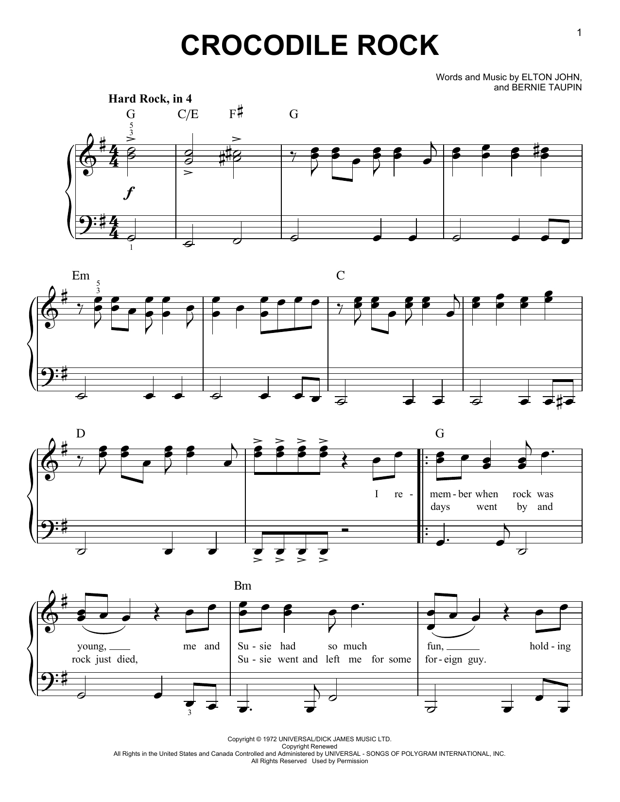 Taron Egerton Crocodile Rock (from Rocketman) sheet music notes and chords arranged for Easy Piano