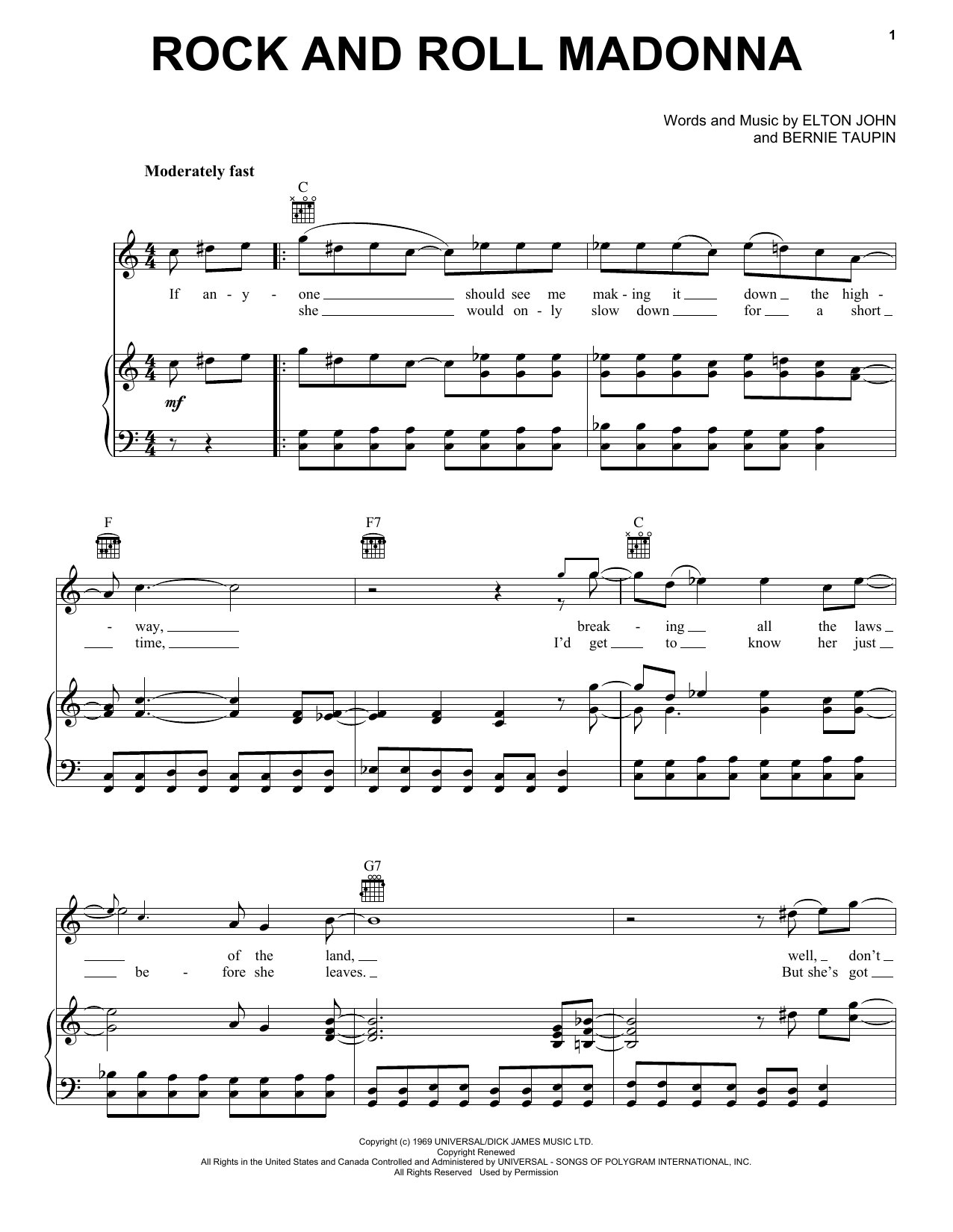 Taron Egerton Rock And Roll Madonna (from Rocketman) sheet music notes and chords arranged for Piano, Vocal & Guitar Chords (Right-Hand Melody)