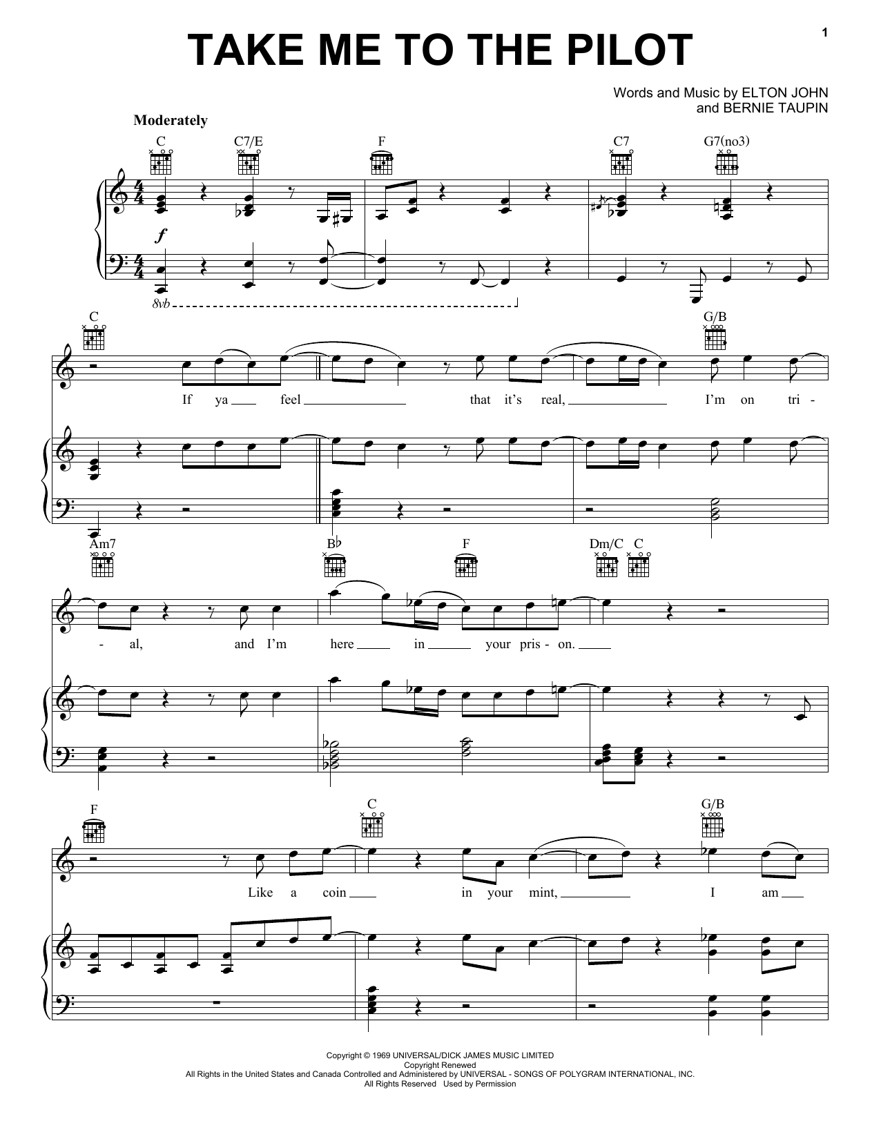 Taron Egerton Take Me To The Pilot (from Rocketman) sheet music notes and chords arranged for Piano, Vocal & Guitar Chords (Right-Hand Melody)