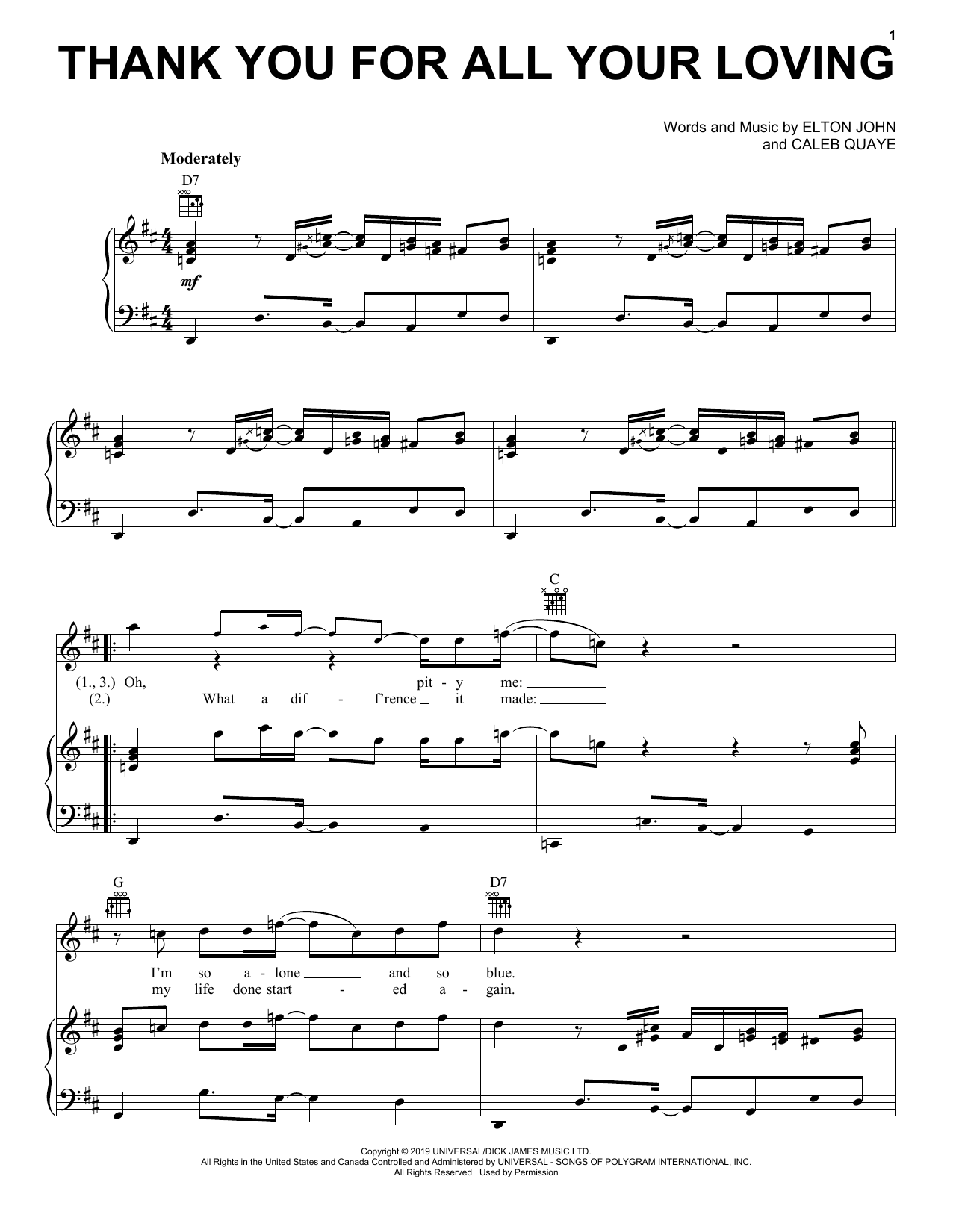 Taron Egerton Thank You For All Your Loving (from Rocketman) sheet music notes and chords arranged for Guitar Chords/Lyrics