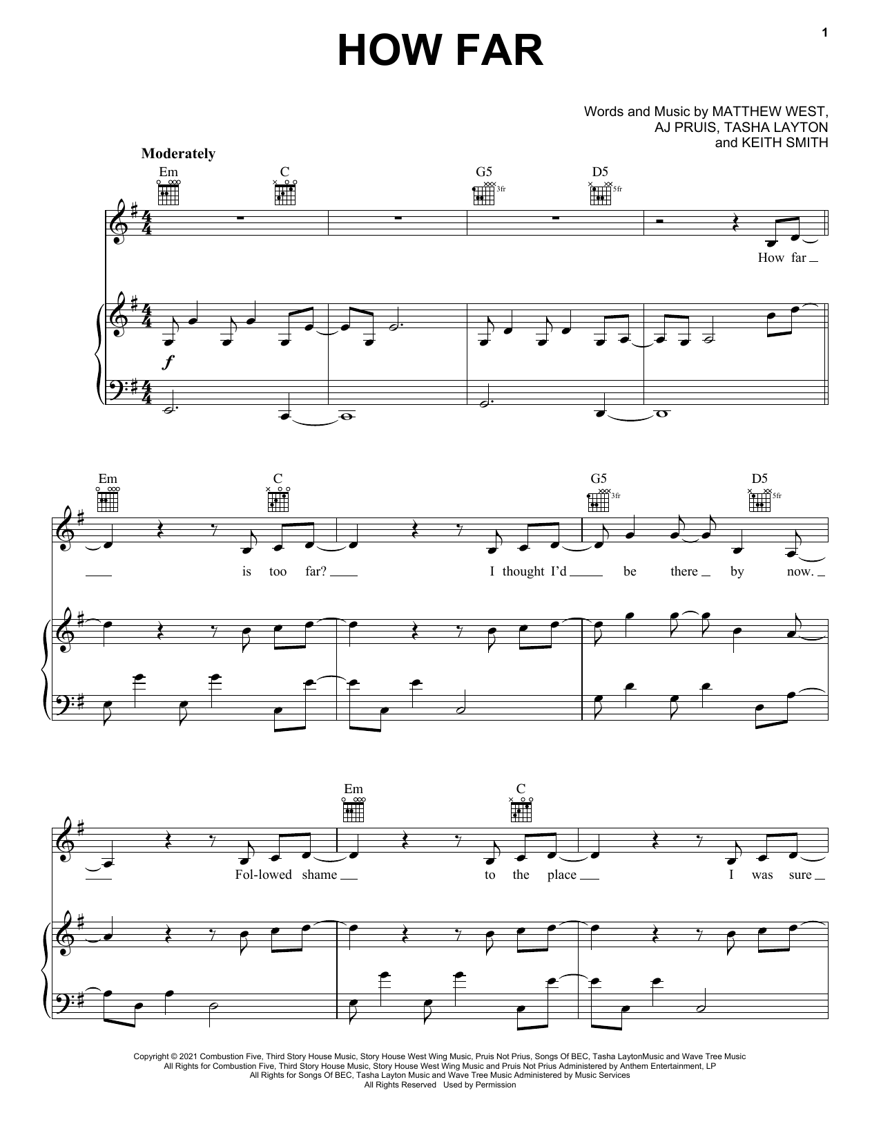 Tasha Layton How Far sheet music notes and chords arranged for Piano, Vocal & Guitar Chords (Right-Hand Melody)