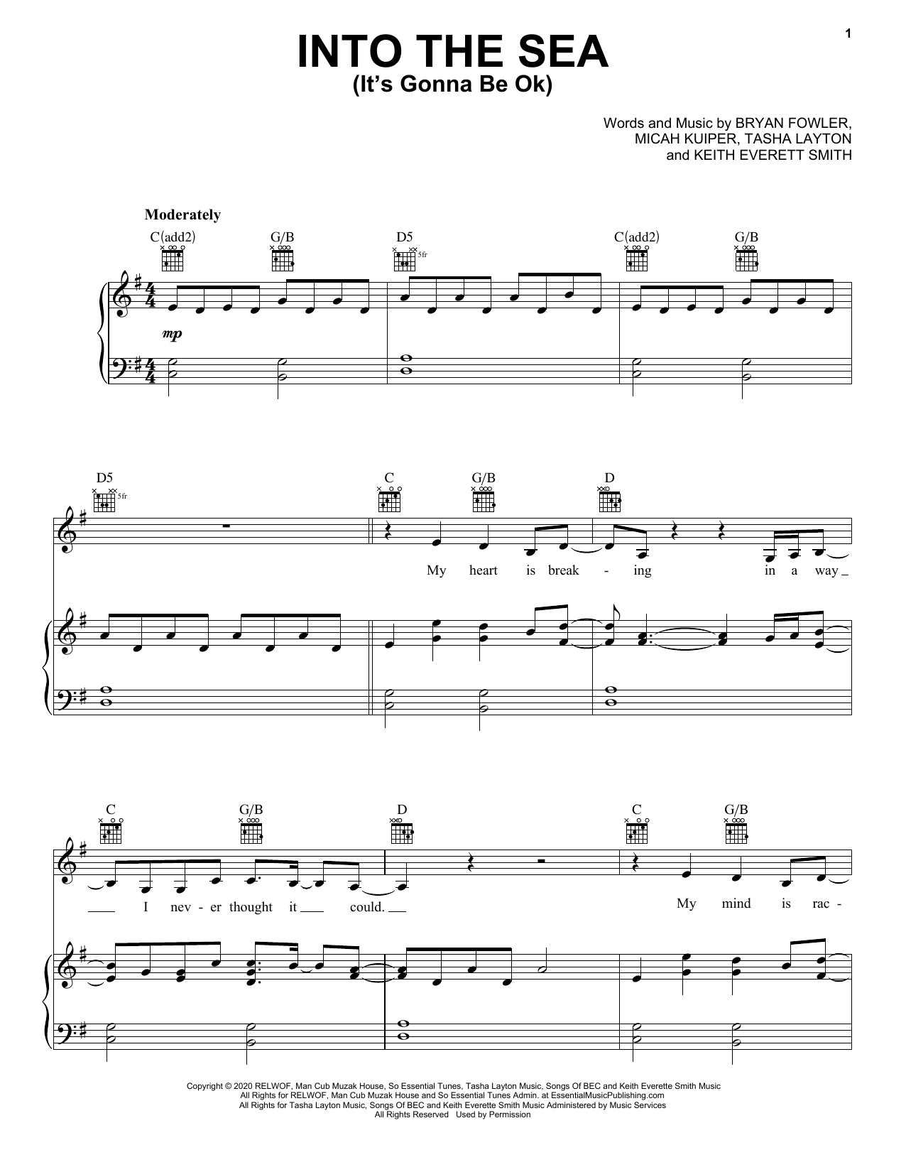 Tasha Layton Into The Sea (It's Gonna Be Ok) sheet music notes and chords arranged for Piano, Vocal & Guitar Chords (Right-Hand Melody)