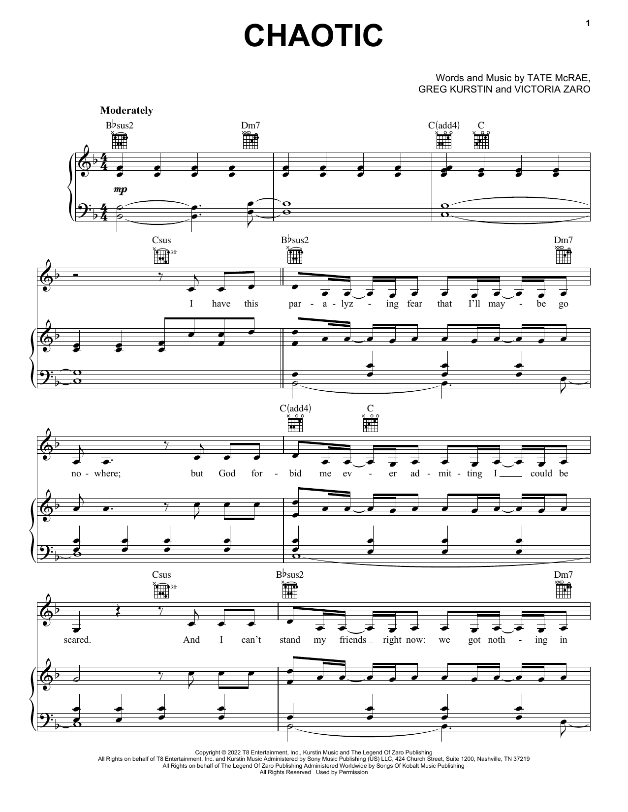 Tate McRae Chaotic sheet music notes and chords arranged for Piano, Vocal & Guitar Chords (Right-Hand Melody)