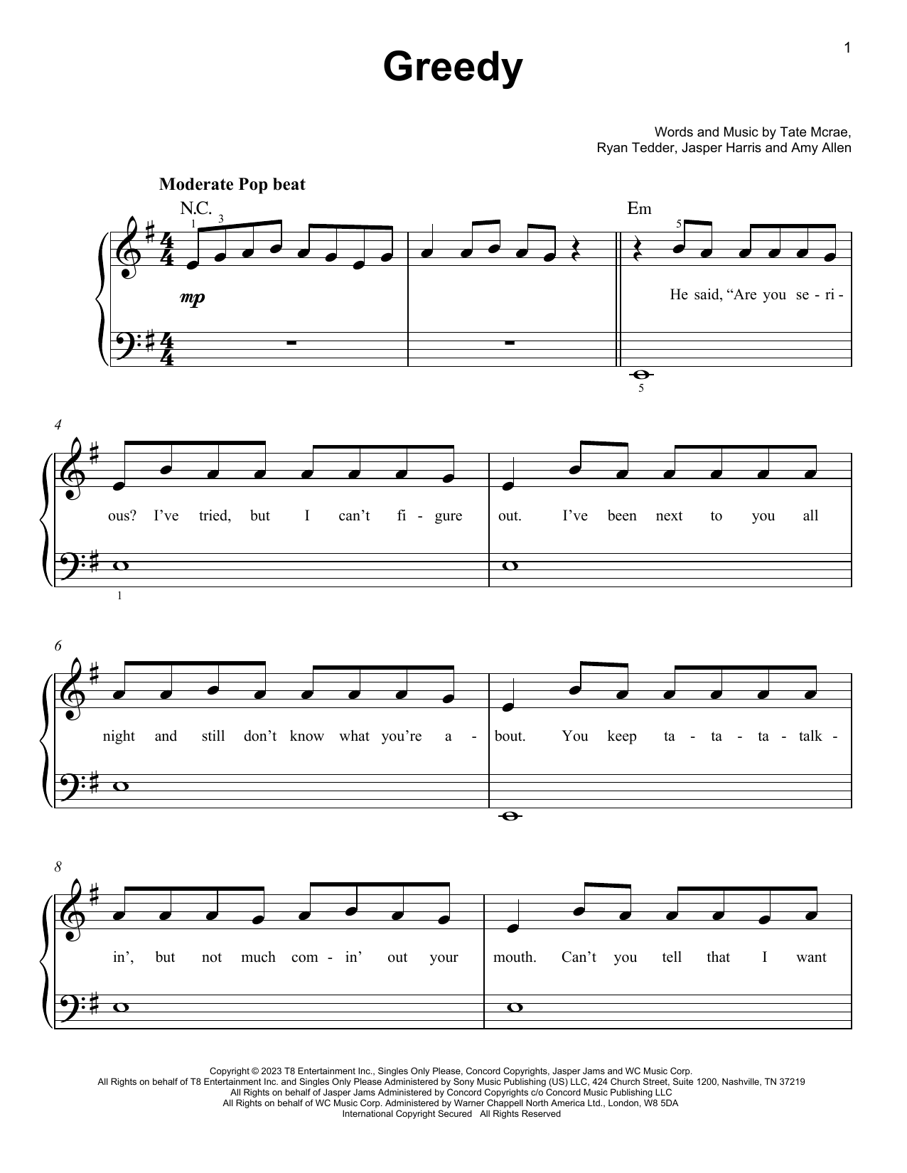 Tate McRae greedy sheet music notes and chords arranged for Piano, Vocal & Guitar Chords (Right-Hand Melody)