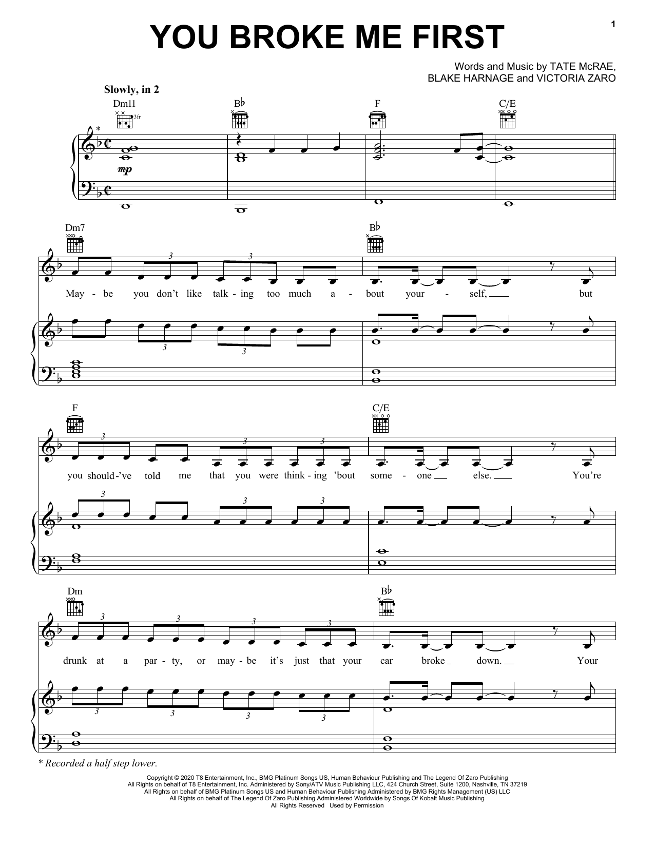 Tate McRae You Broke Me First sheet music notes and chords arranged for Big Note Piano