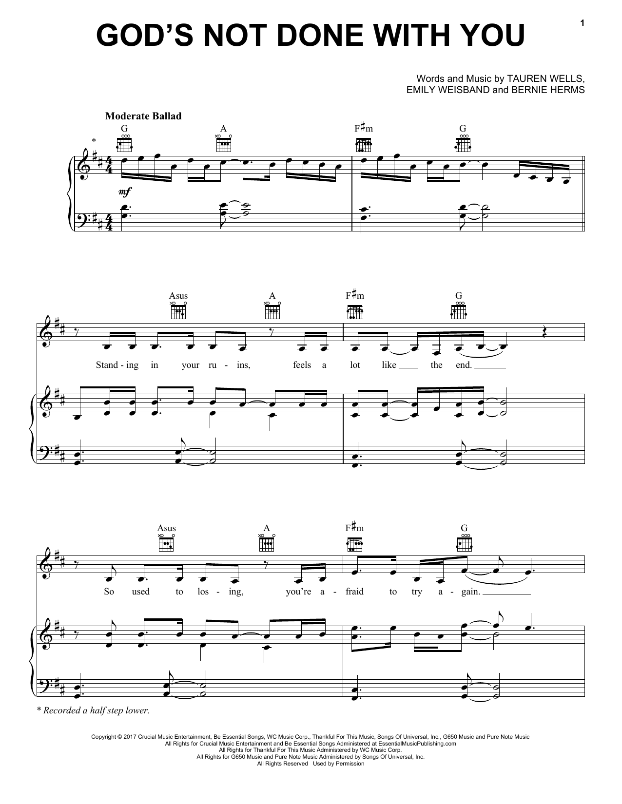 Tauren Wells God's Not Done With You sheet music notes and chords arranged for Piano, Vocal & Guitar Chords (Right-Hand Melody)