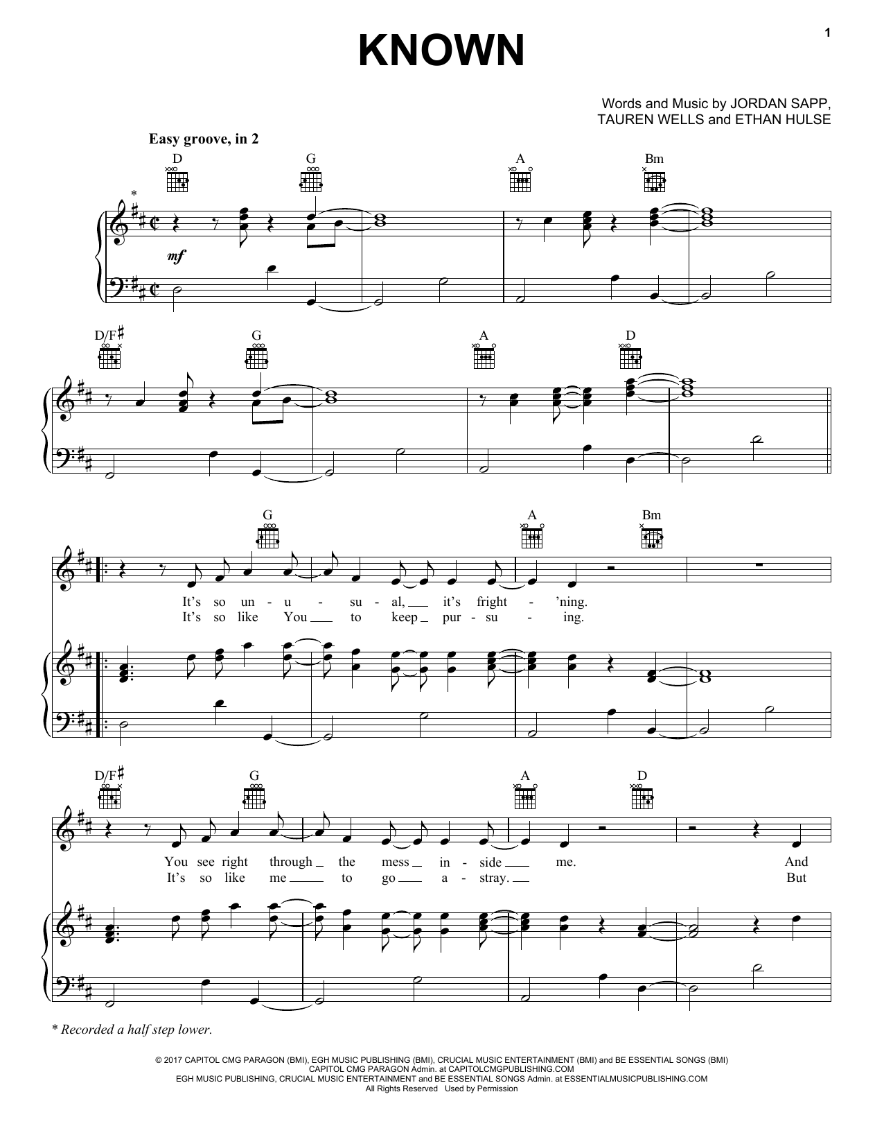 Tauren Wells Known sheet music notes and chords arranged for Piano, Vocal & Guitar Chords (Right-Hand Melody)