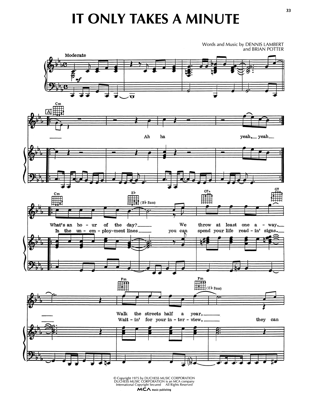 Tavares It Only Takes A Minute sheet music notes and chords arranged for Piano, Vocal & Guitar Chords (Right-Hand Melody)