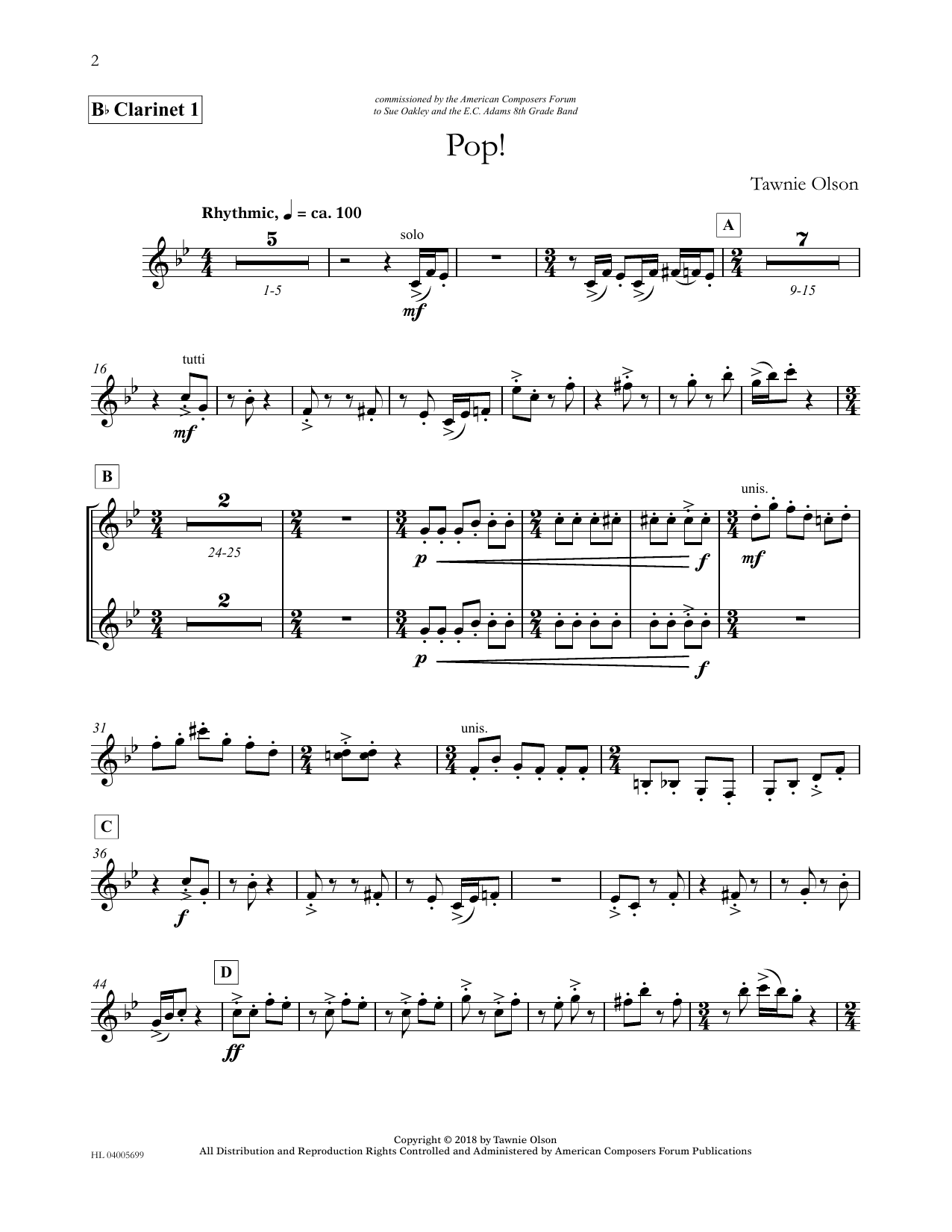 Tawnie Olson Pop! - Bb Clarinet 1 (Divisi) sheet music notes and chords arranged for Concert Band