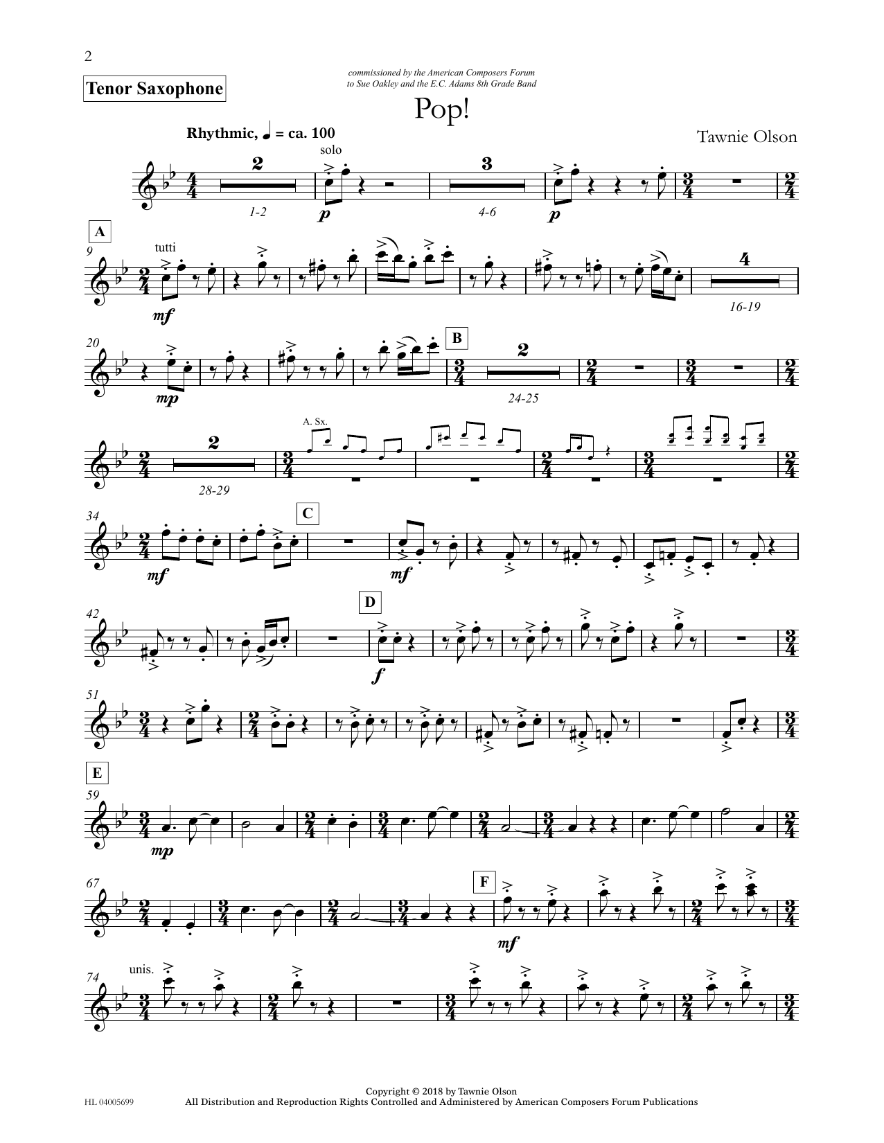 Tawnie Olson Pop! - Bb Tenor Saxophone (Divisi) sheet music notes and chords arranged for Concert Band