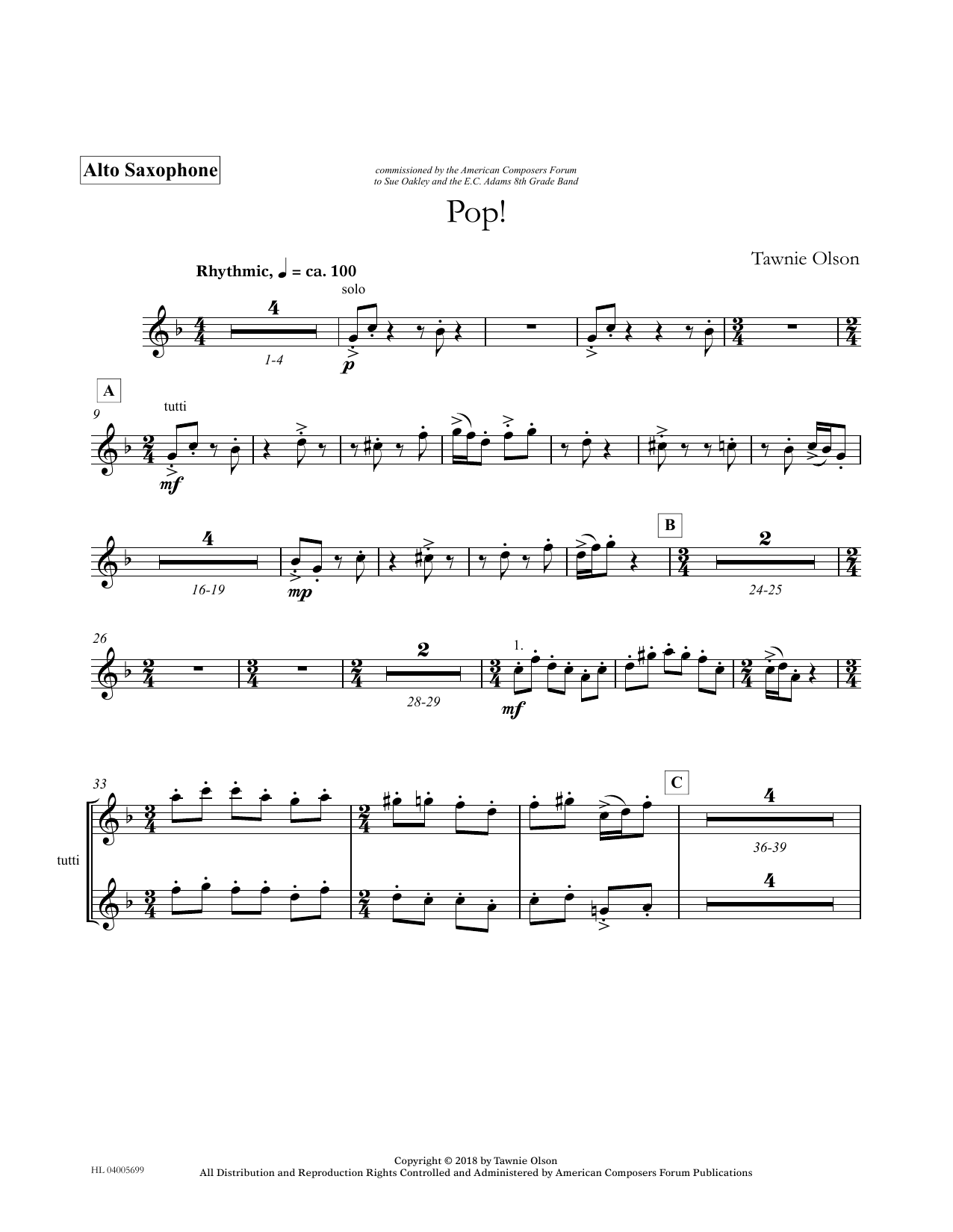 Tawnie Olson Pop! - Eb Alto Saxophone (Divisi) sheet music notes and chords arranged for Concert Band