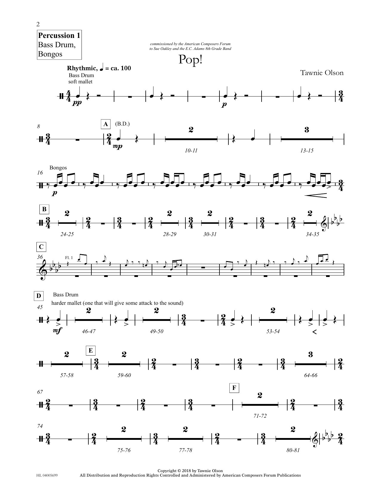 Tawnie Olson Pop! - Percussion 1 Bass Drum, Bongo sheet music notes and chords arranged for Concert Band