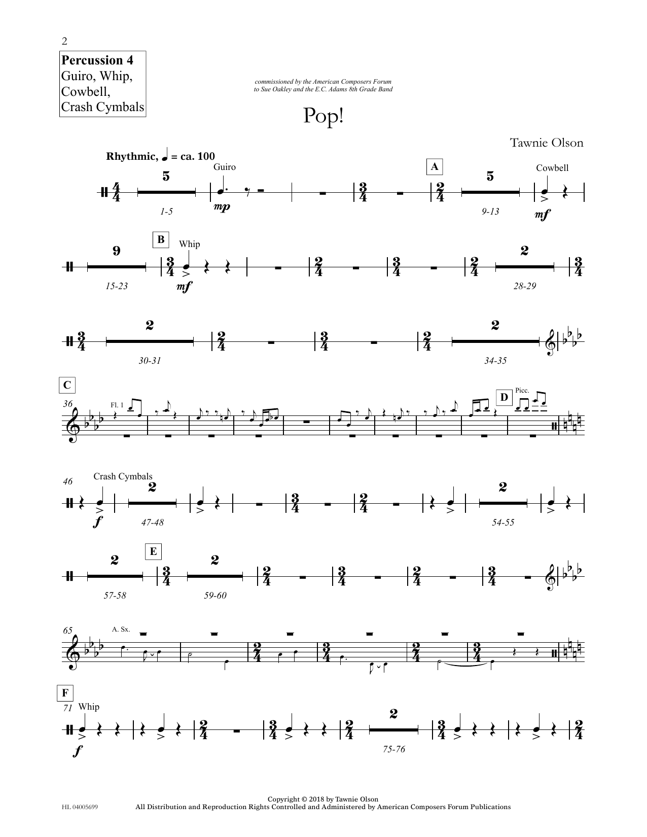 Tawnie Olson Pop! - Percussion 4 guiro, Cowbell... sheet music notes and chords arranged for Concert Band