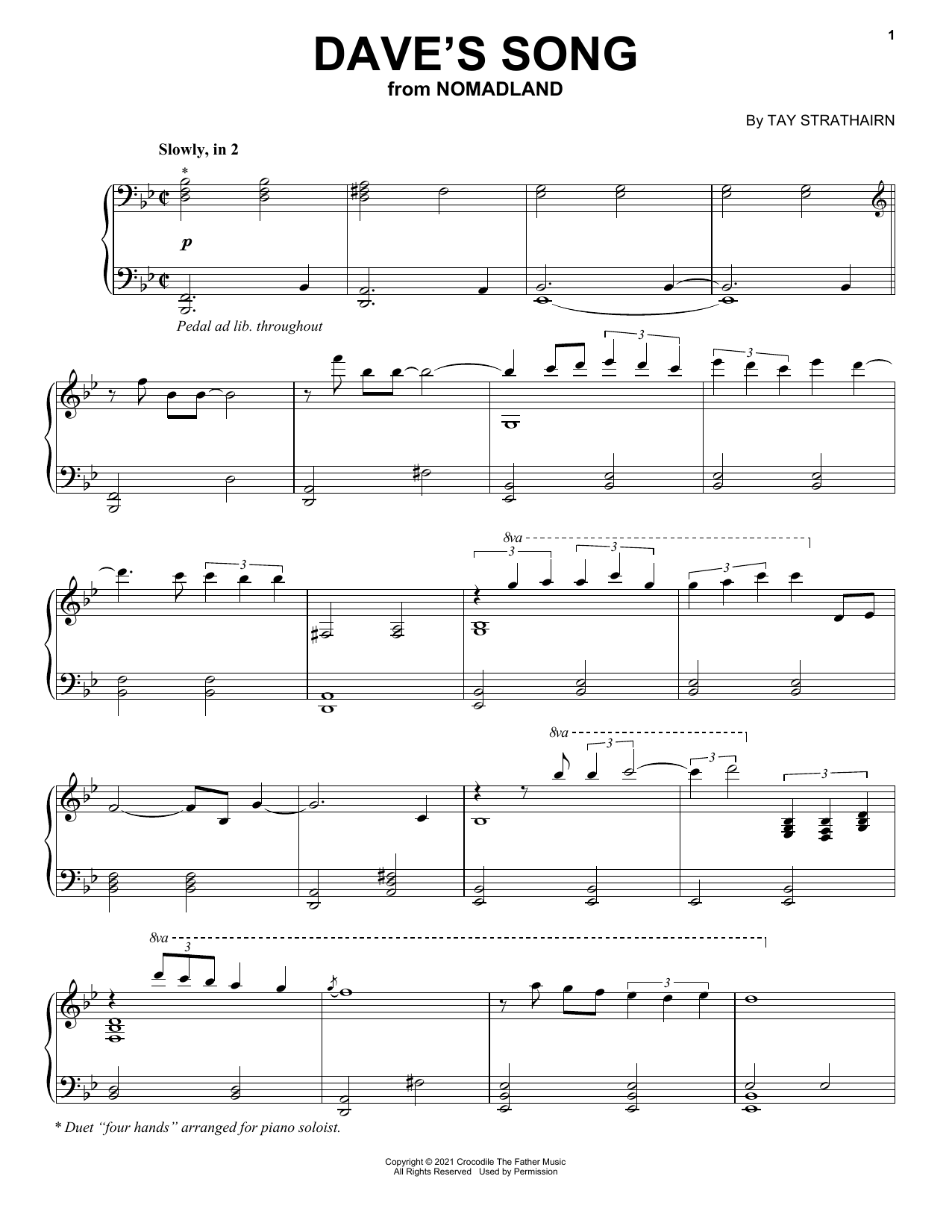 Tay Strathairn Dave's Song (from Nomadland) sheet music notes and chords arranged for Piano Solo