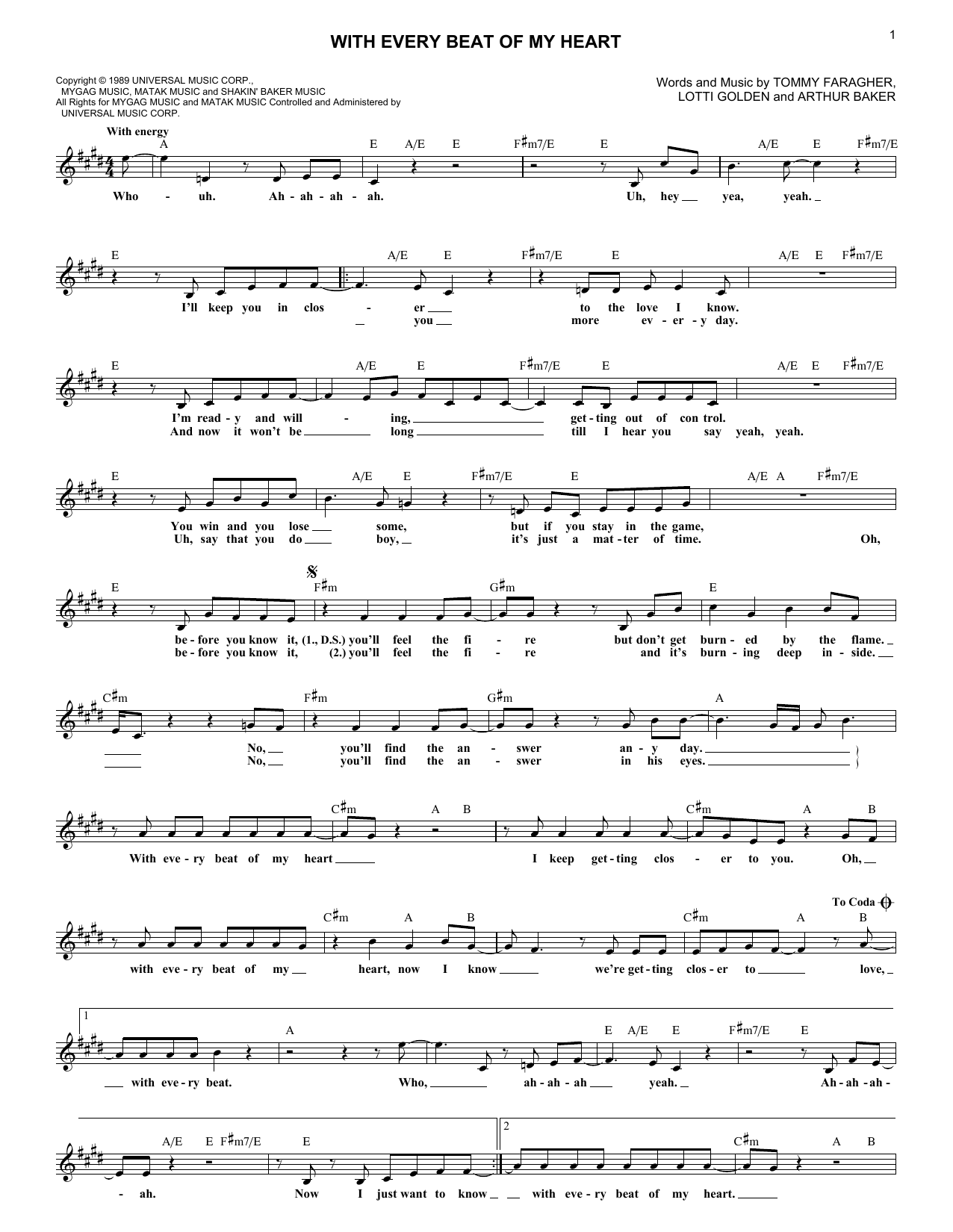 Taylor Dane With Every Beat Of My Heart sheet music notes and chords arranged for Lead Sheet / Fake Book