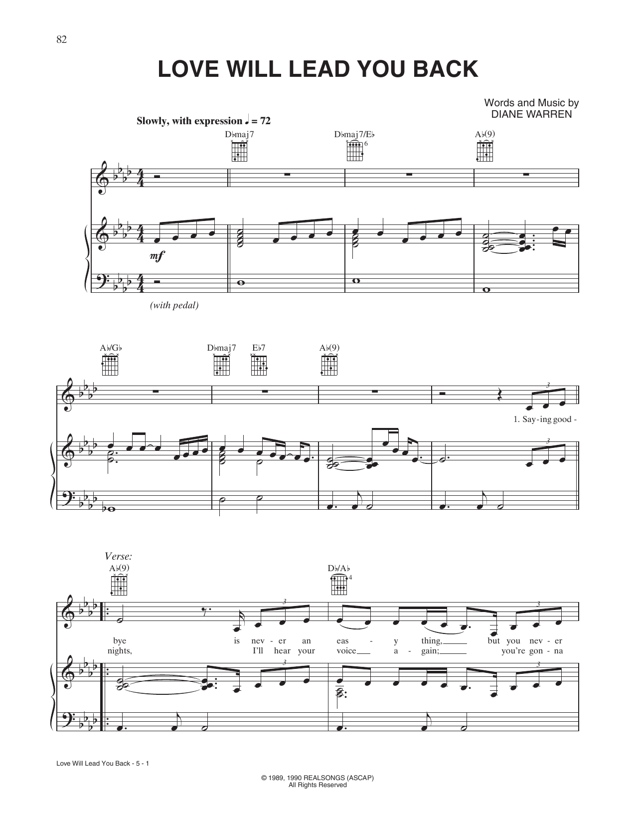 Taylor Dayne Love Will Lead You Back sheet music notes and chords arranged for Piano, Vocal & Guitar Chords (Right-Hand Melody)