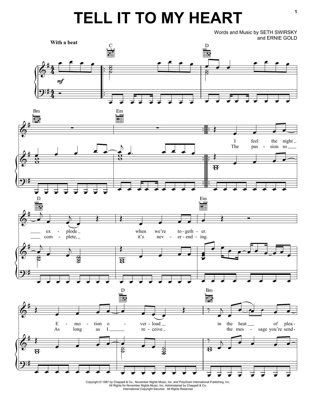 Taylor Dayne Tell It To My Heart sheet music notes and chords arranged for Piano, Vocal & Guitar Chords (Right-Hand Melody)