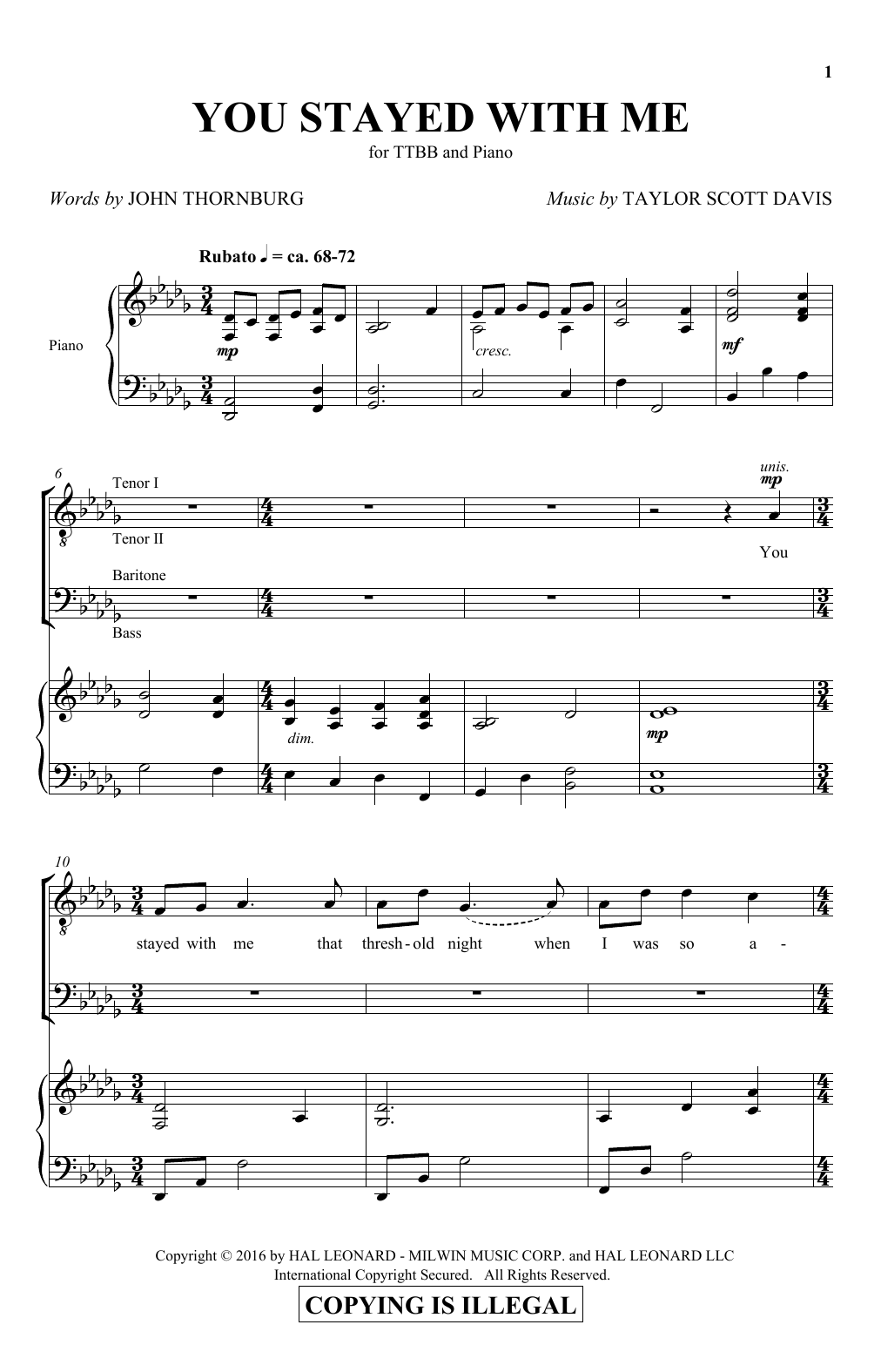 Taylor Scott Davis You Stayed With Me sheet music notes and chords arranged for TTBB Choir