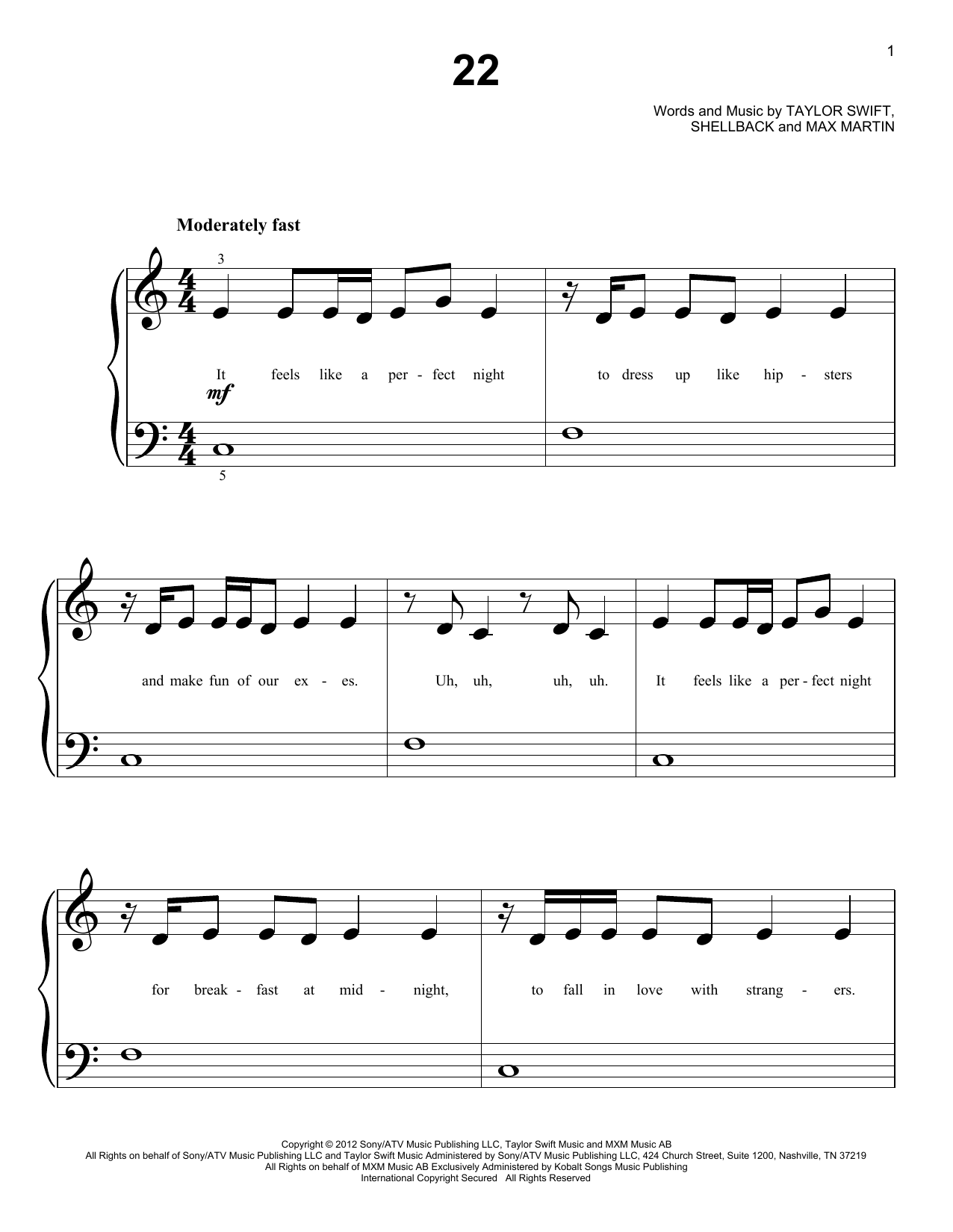 Taylor Swift 22 sheet music notes and chords arranged for Easy Piano