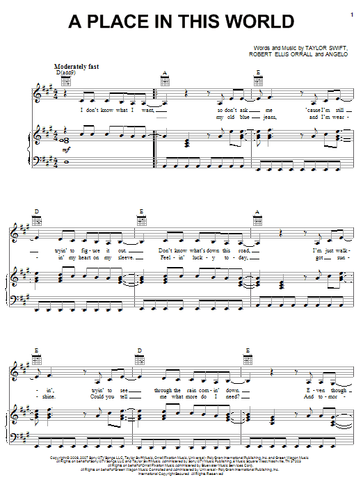 Taylor Swift A Place In This World sheet music notes and chords arranged for Guitar Chords/Lyrics