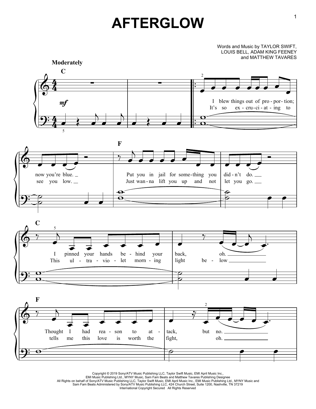 Taylor Swift Afterglow sheet music notes and chords arranged for Piano, Vocal & Guitar Chords (Right-Hand Melody)