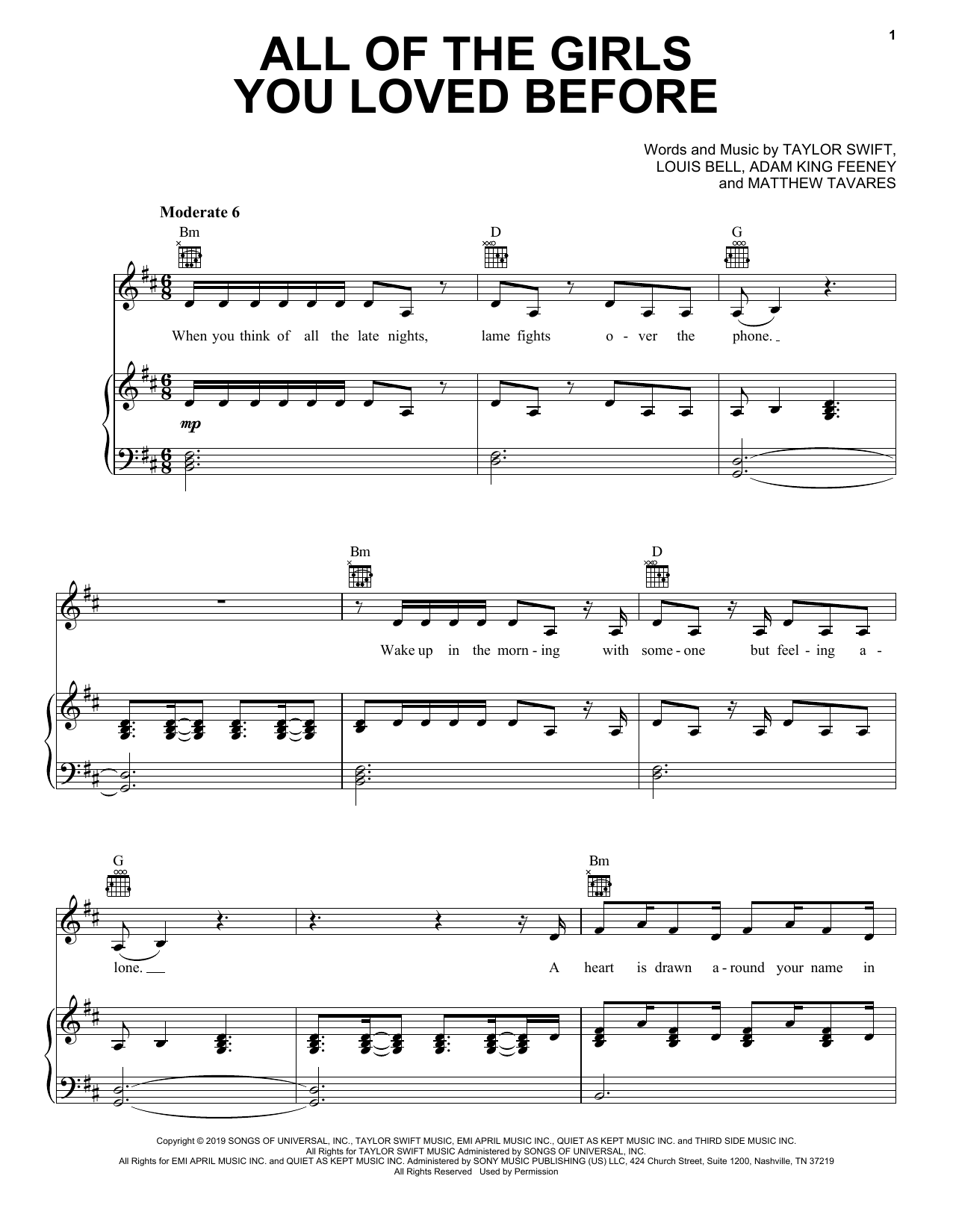 Taylor Swift All Of The Girls You Loved Before sheet music notes and chords arranged for Piano, Vocal & Guitar Chords (Right-Hand Melody)