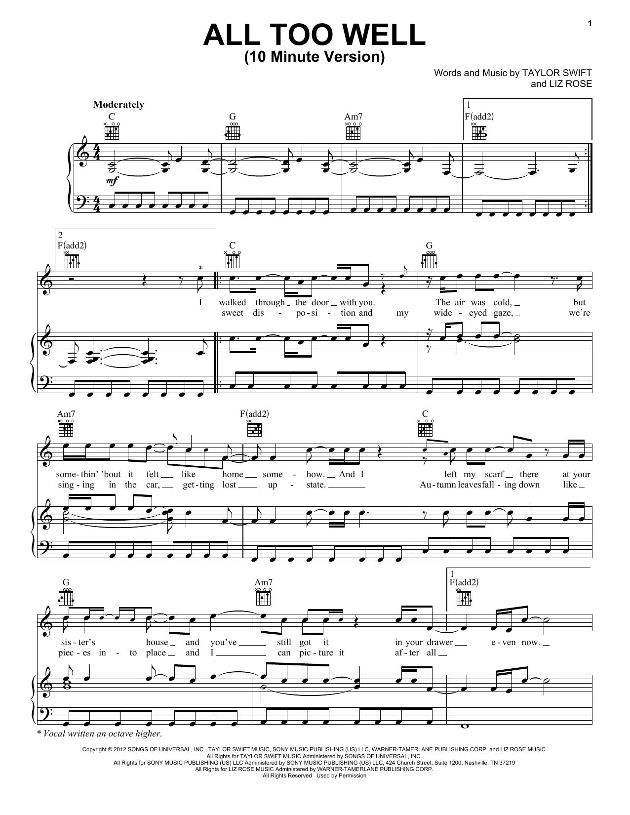 Taylor Swift All Too Well (10 Minute Version) (Taylor's Version) (From The Vault) sheet music notes and chords arranged for Piano, Vocal & Guitar Chords (Right-Hand Melody)