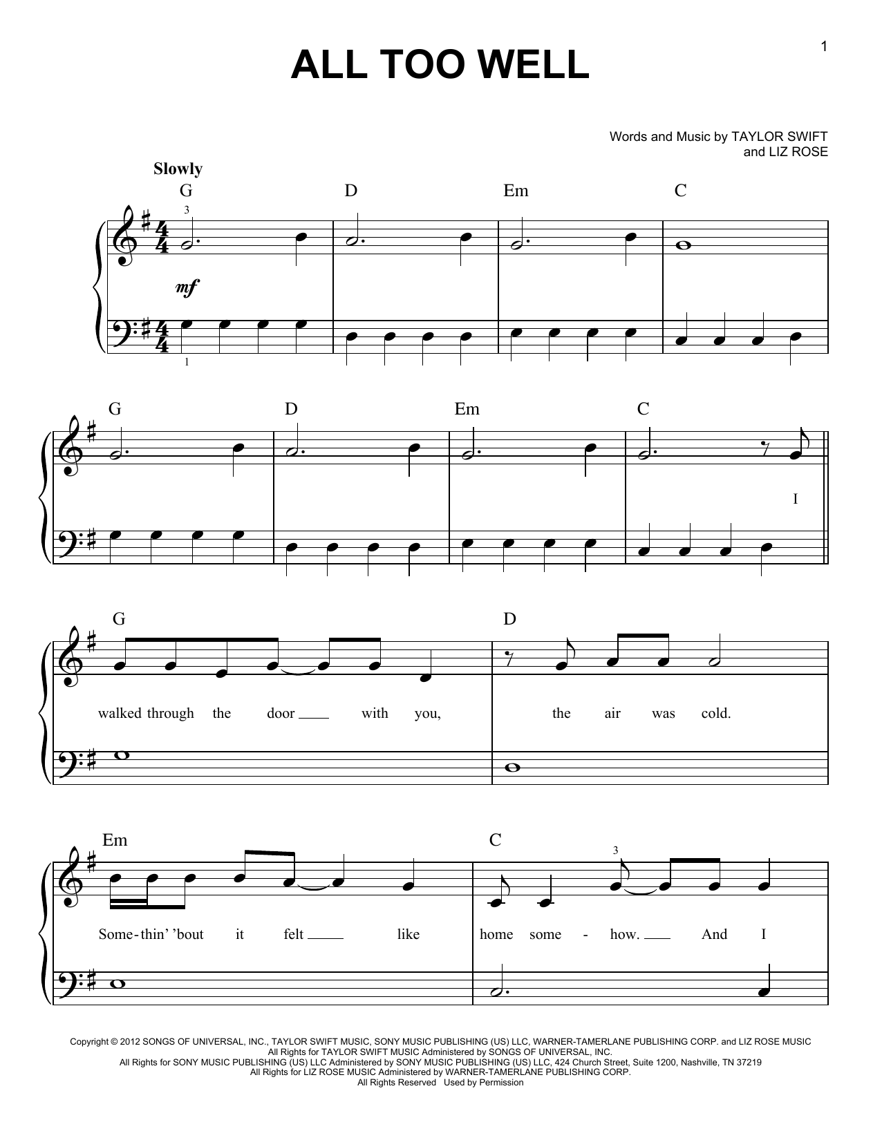 Taylor Swift All Too Well sheet music notes and chords arranged for Guitar Chords/Lyrics