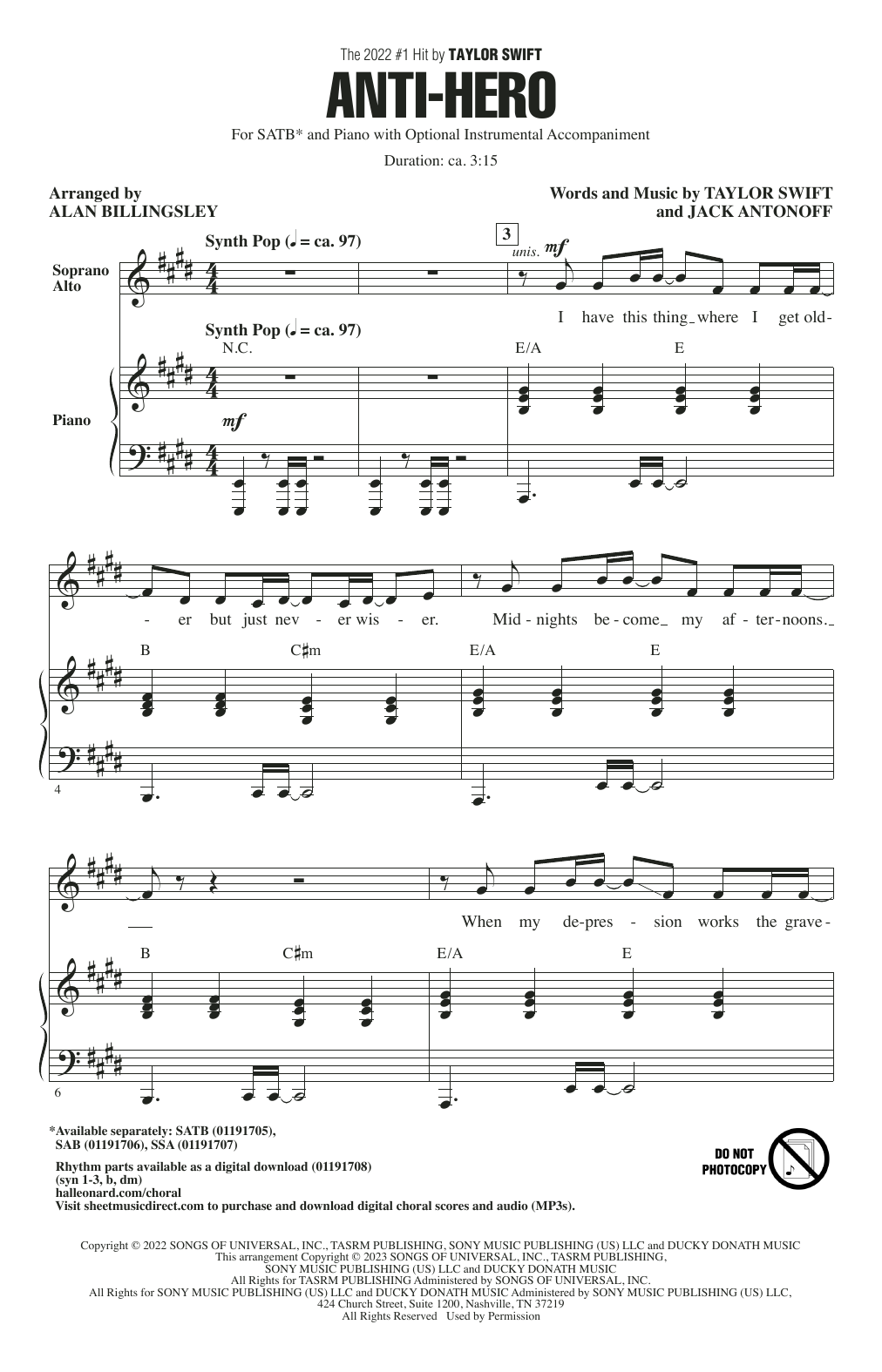 Taylor Swift Anti-Hero (arr. Alan Billingsley) sheet music notes and chords arranged for SSA Choir