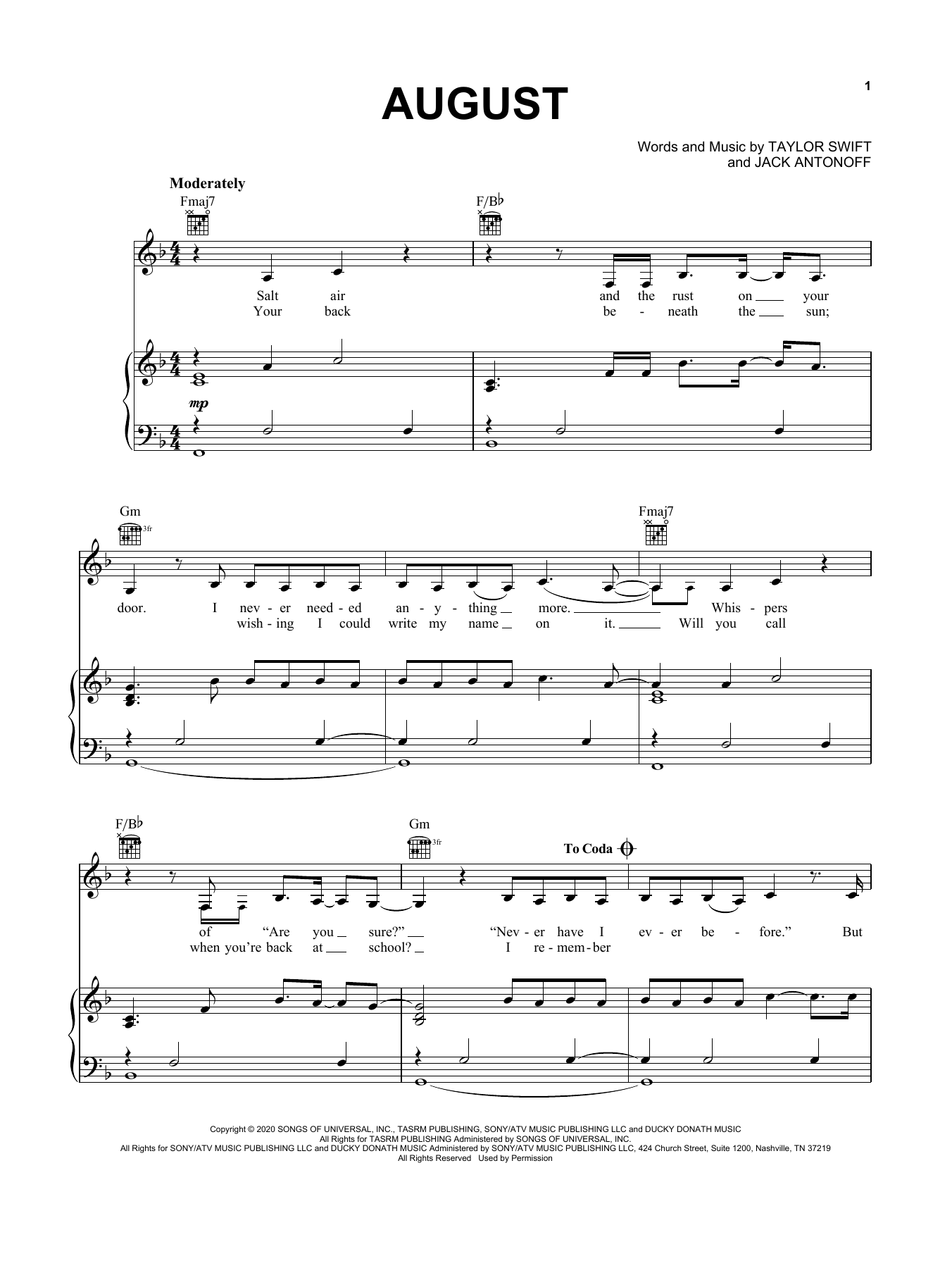 Taylor Swift august sheet music notes and chords arranged for Easy Piano