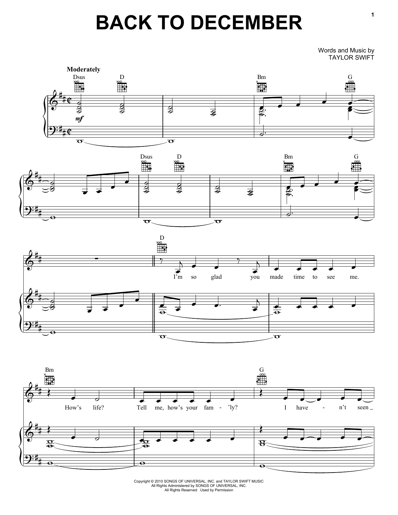Taylor Swift Back To December sheet music notes and chords arranged for Piano, Vocal & Guitar Chords (Right-Hand Melody)