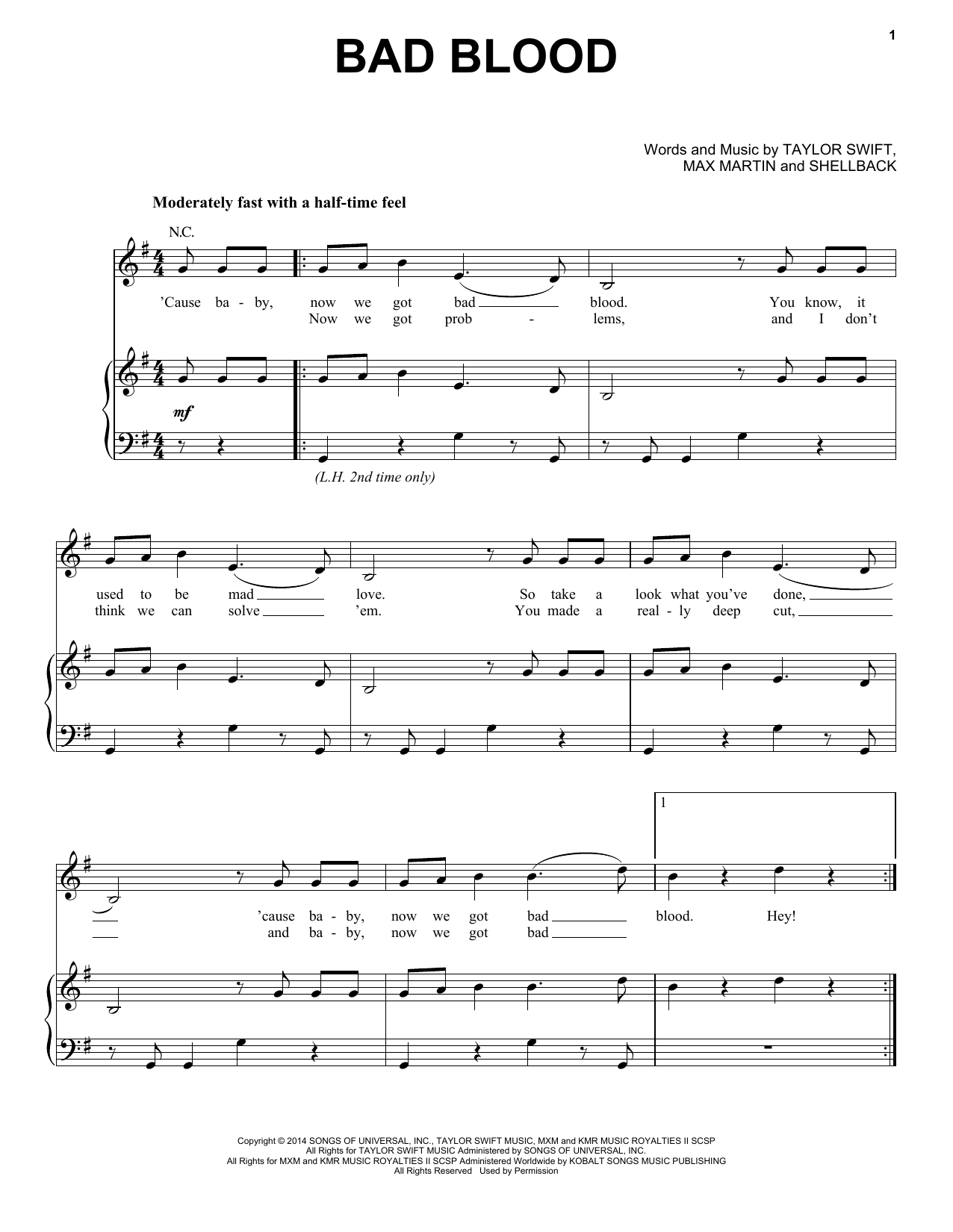 Taylor Swift Bad Blood sheet music notes and chords arranged for Easy Guitar Tab