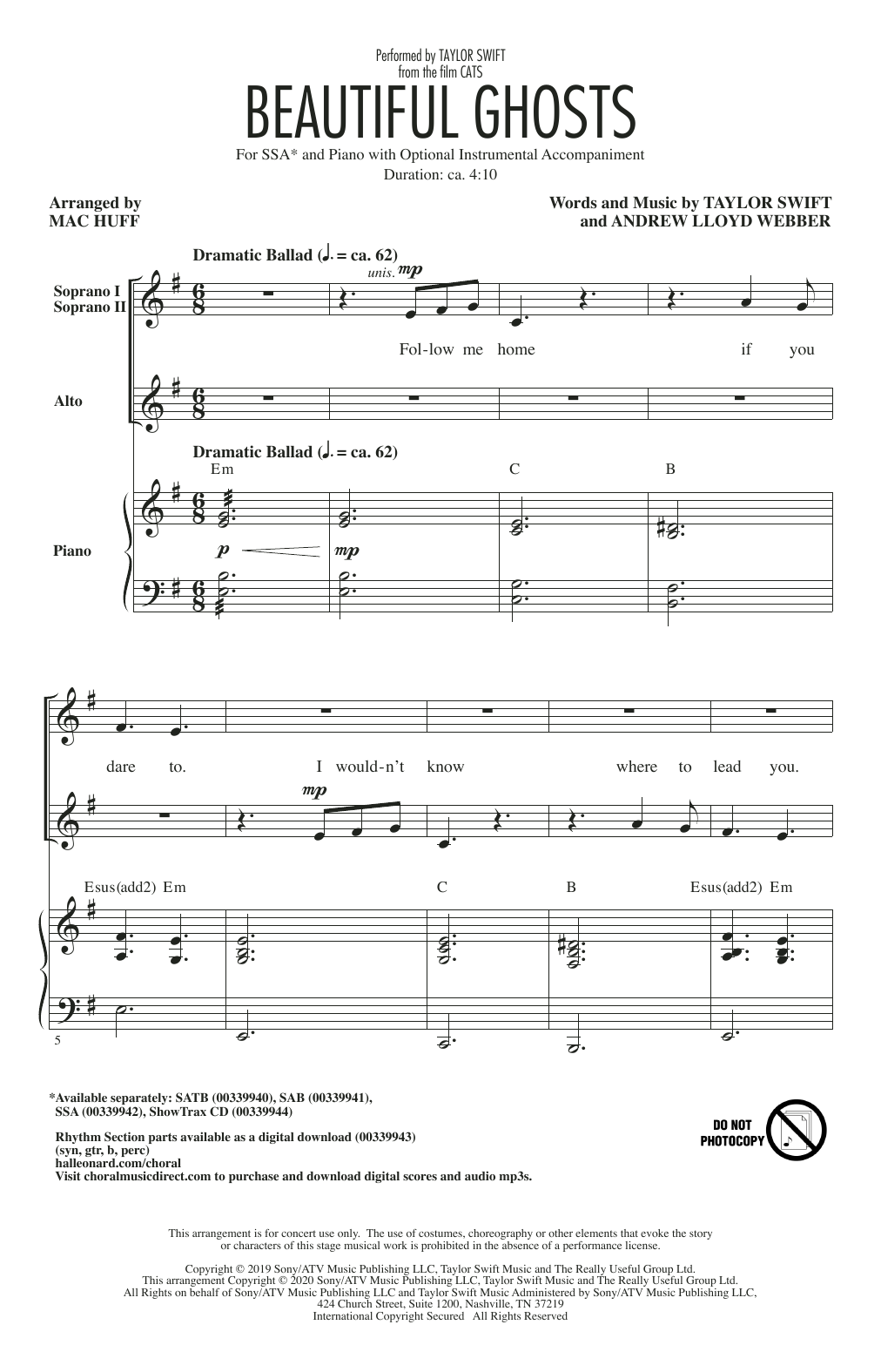 Taylor Swift Beautiful Ghosts (from the Motion Picture Cats) (arr. Mac Huff) sheet music notes and chords arranged for SSA Choir