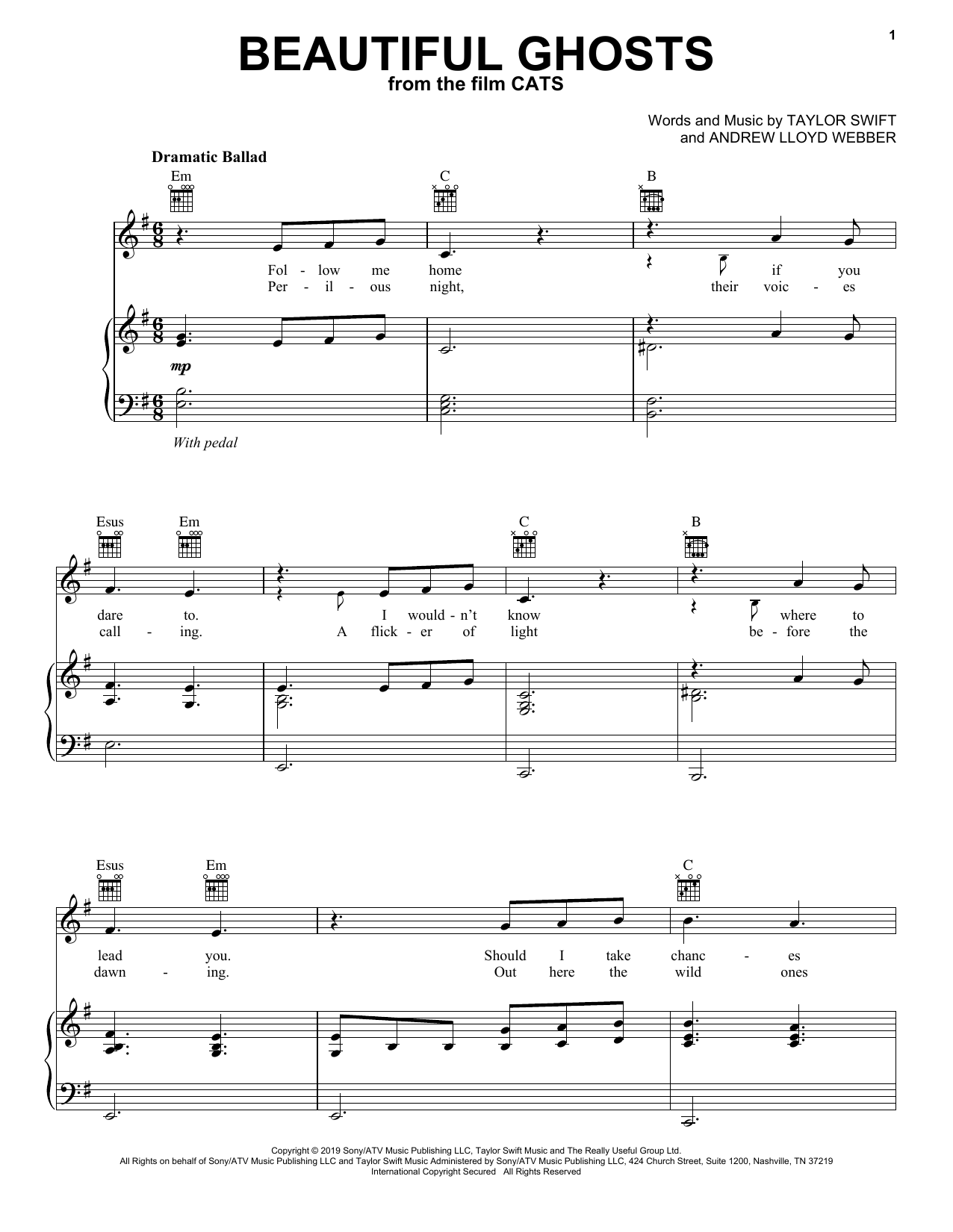 Taylor Swift Beautiful Ghosts (from the Motion Picture Cats) sheet music notes and chords arranged for Piano & Vocal