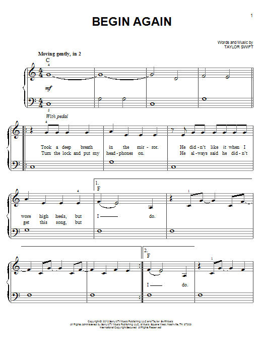 Taylor Swift Begin Again sheet music notes and chords arranged for Big Note Piano