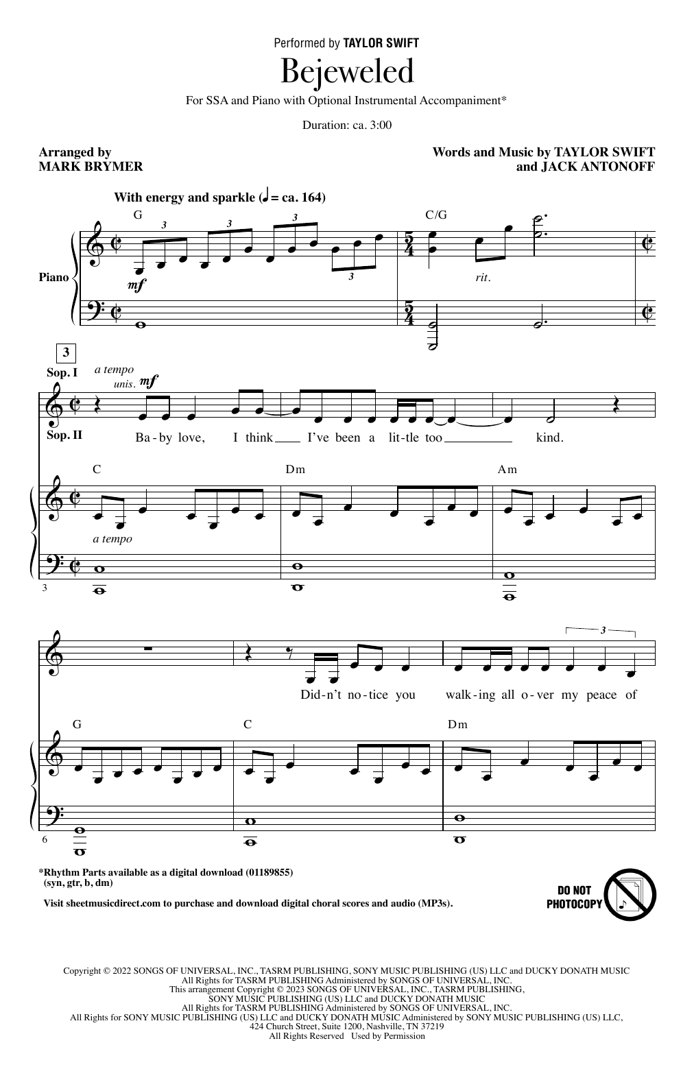 Taylor Swift Bejeweled (arr. Mark Brymer) sheet music notes and chords arranged for SSA Choir