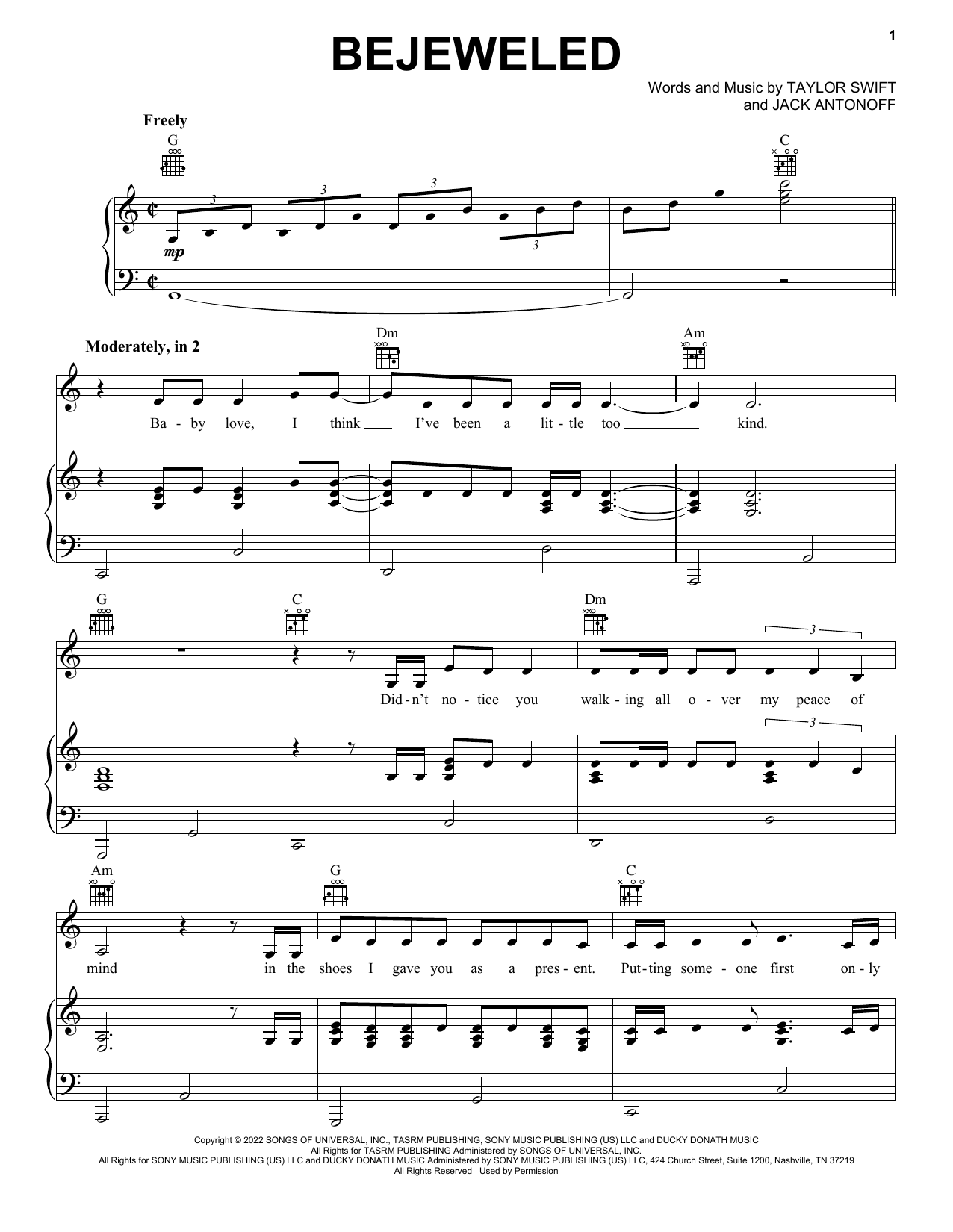 Taylor Swift Bejeweled sheet music notes and chords arranged for Piano, Vocal & Guitar Chords (Right-Hand Melody)