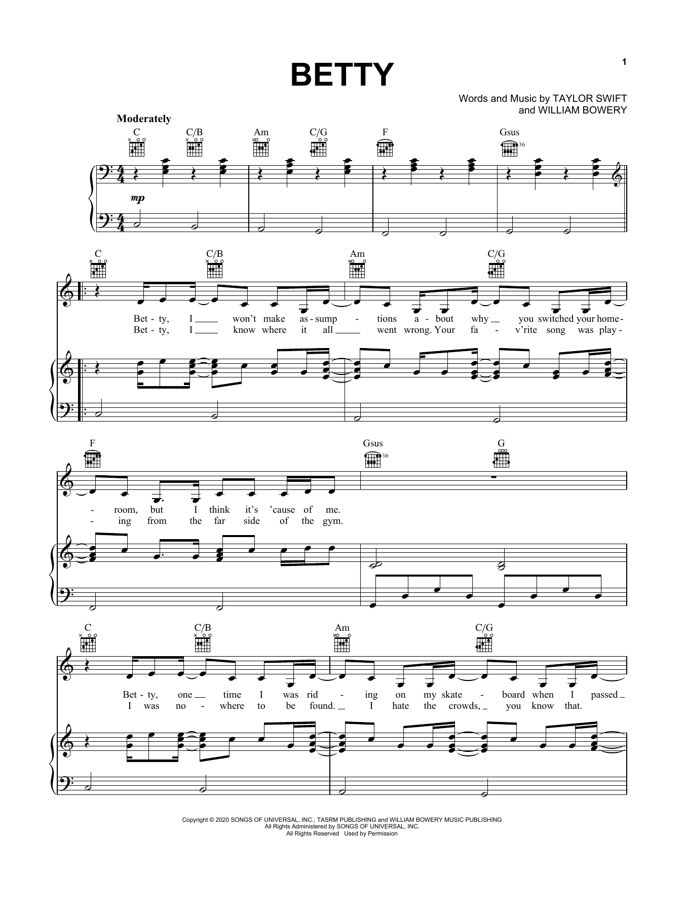 Taylor Swift betty sheet music notes and chords arranged for Piano, Vocal & Guitar Chords (Right-Hand Melody)