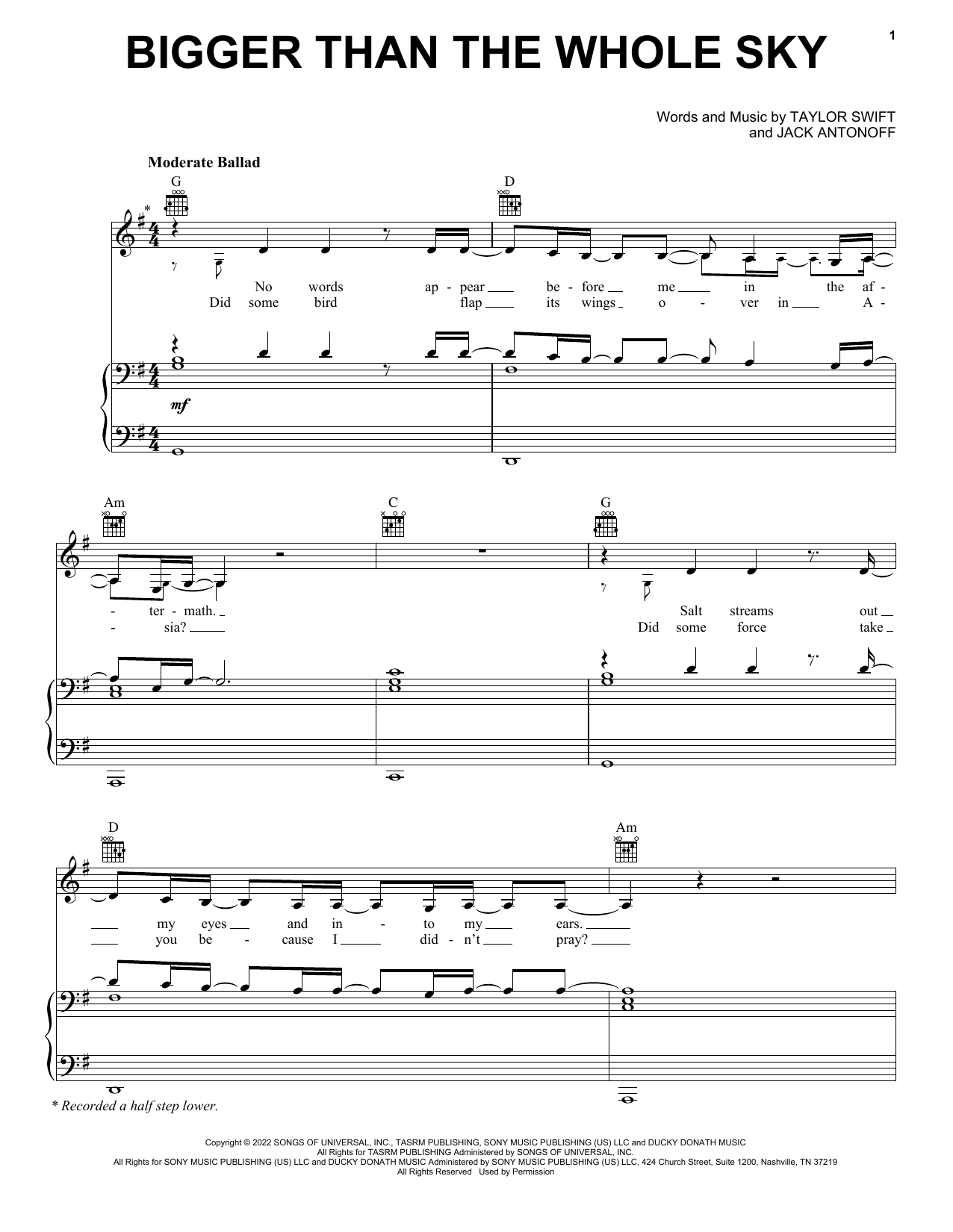 Taylor Swift Bigger Than The Whole Sky sheet music notes and chords arranged for Piano, Vocal & Guitar Chords (Right-Hand Melody)