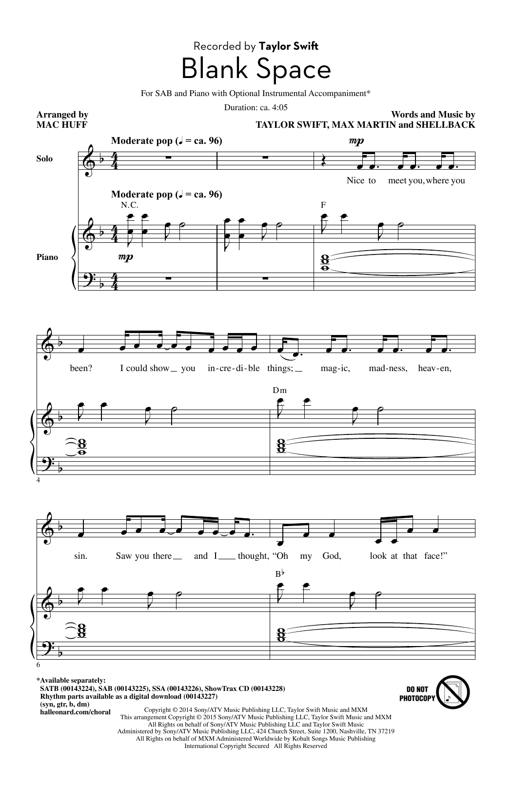Taylor Swift Blank Space (arr. Mac Huff) sheet music notes and chords arranged for SSA Choir