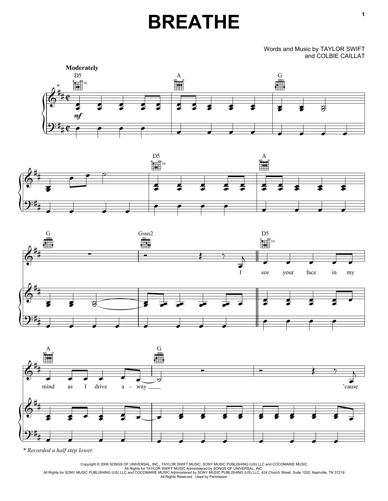 Taylor Swift Breathe sheet music notes and chords arranged for Guitar Tab