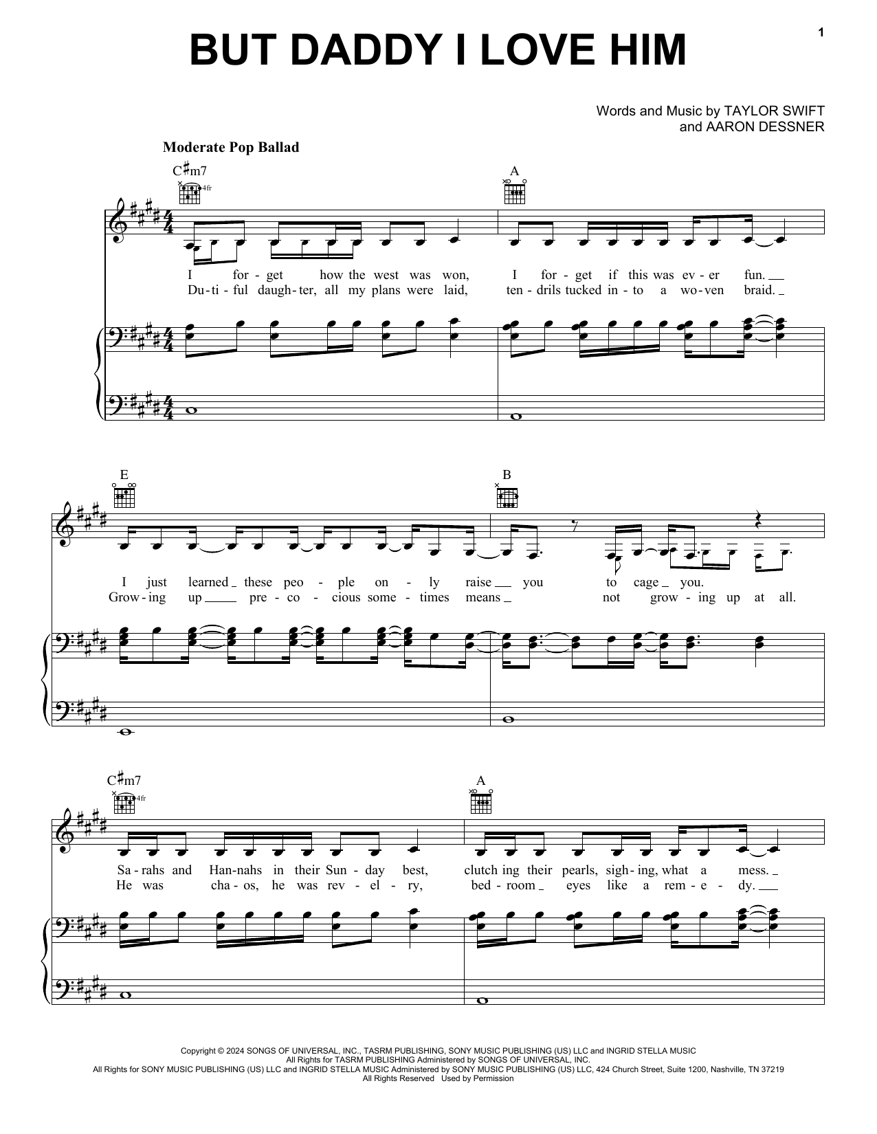 Taylor Swift But Daddy I Love Him sheet music notes and chords arranged for Easy Piano