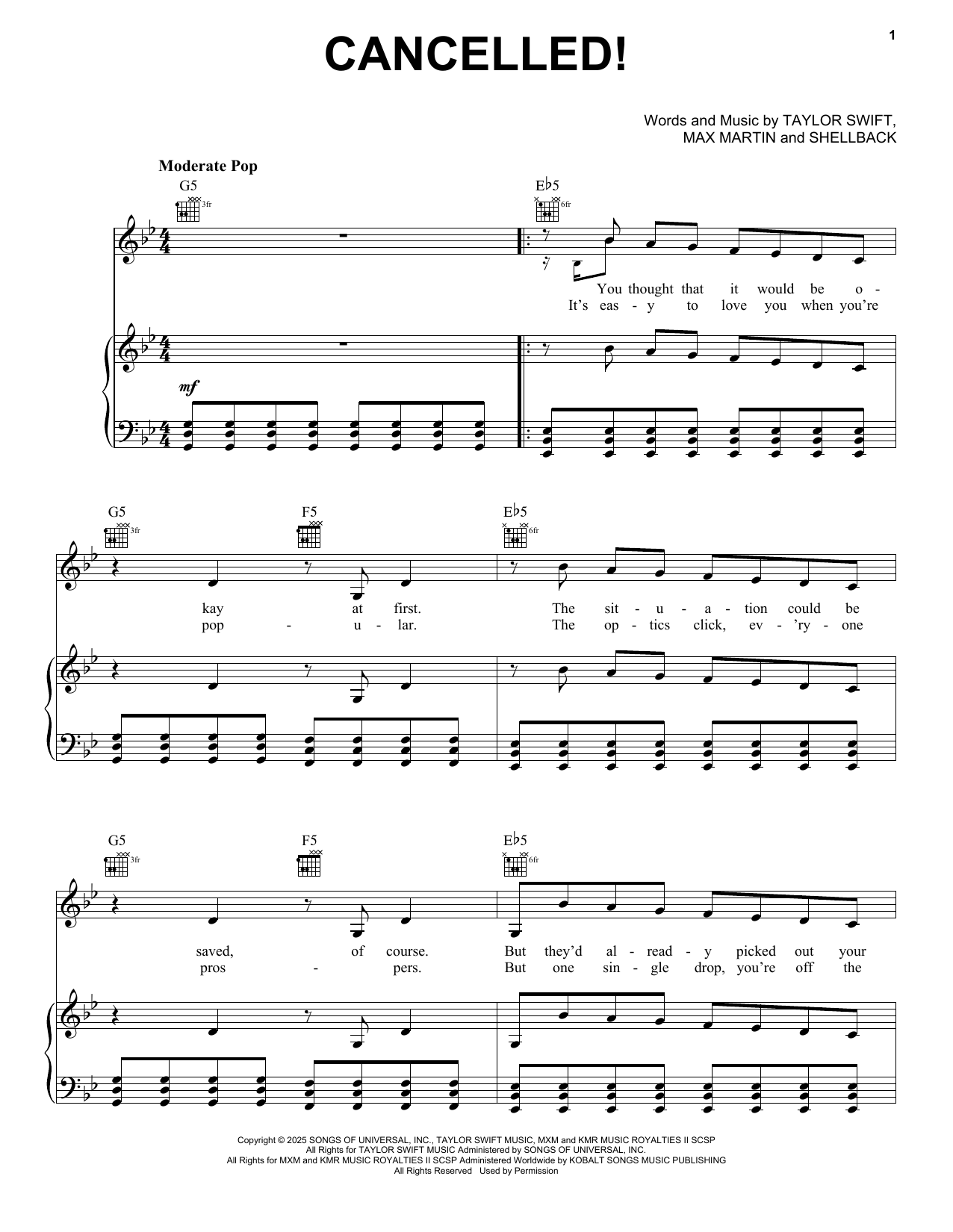 Taylor Swift CANCELLED! sheet music notes and chords arranged for Piano, Vocal & Guitar Chords (Right-Hand Melody)