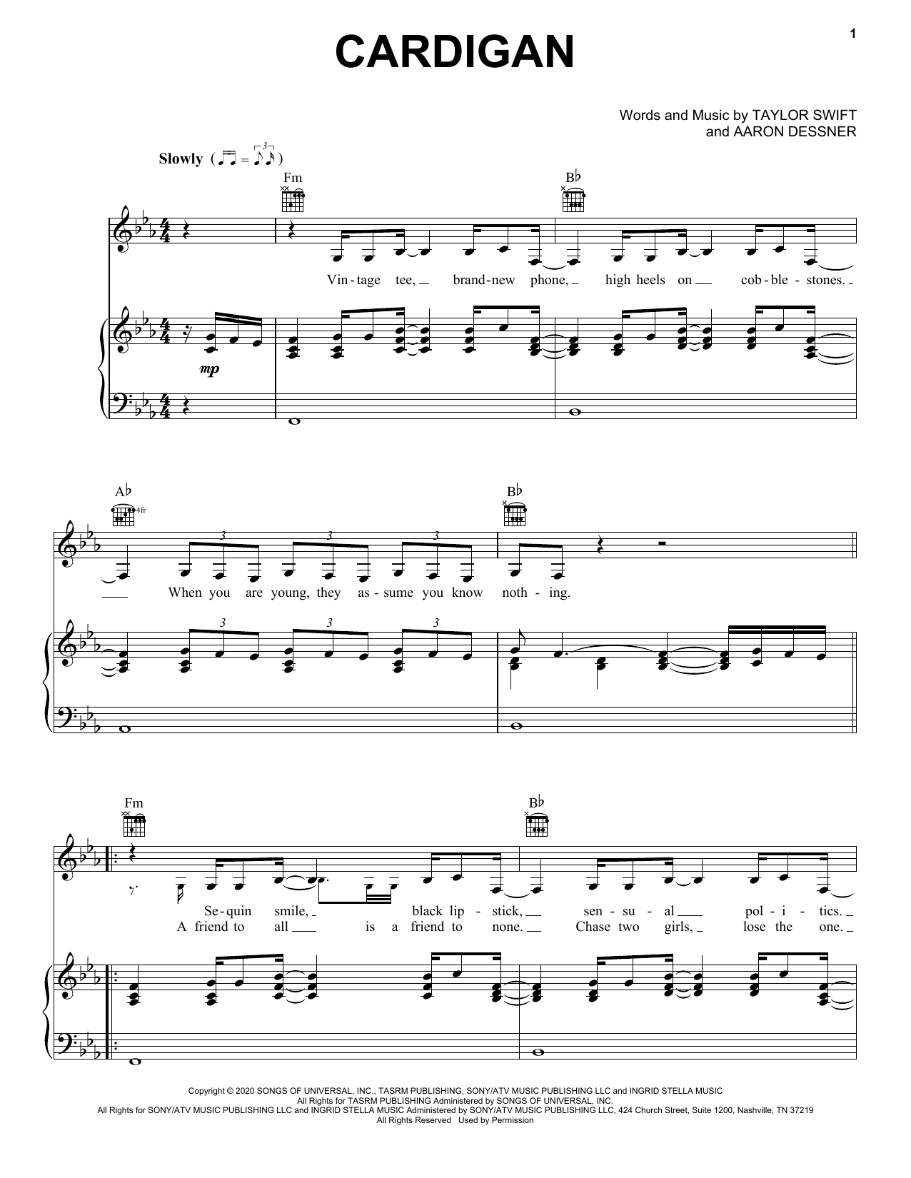 Taylor Swift cardigan sheet music notes and chords arranged for Really Easy Piano