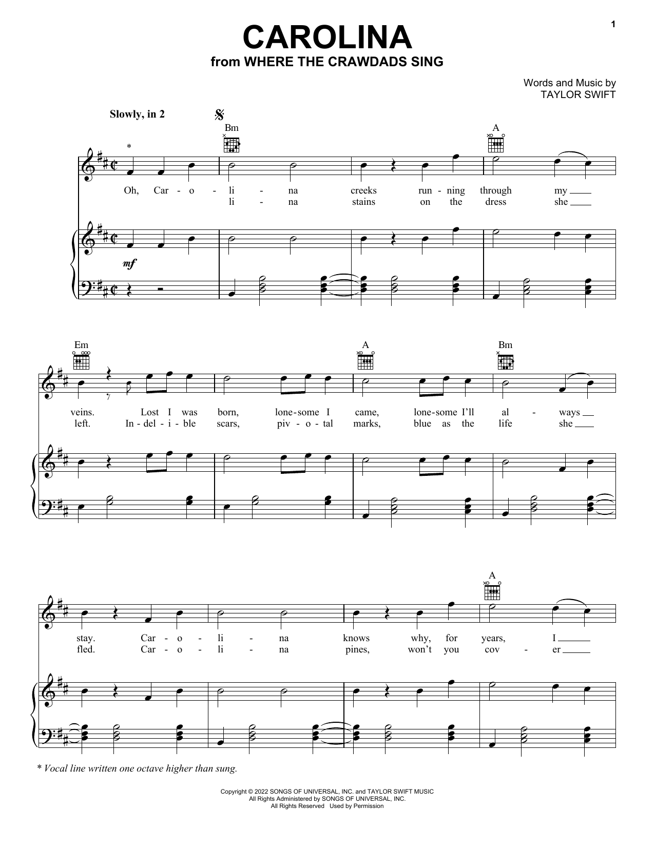 Taylor Swift Carolina (from Where The Crawdad Sings) sheet music notes and chords arranged for Ukulele