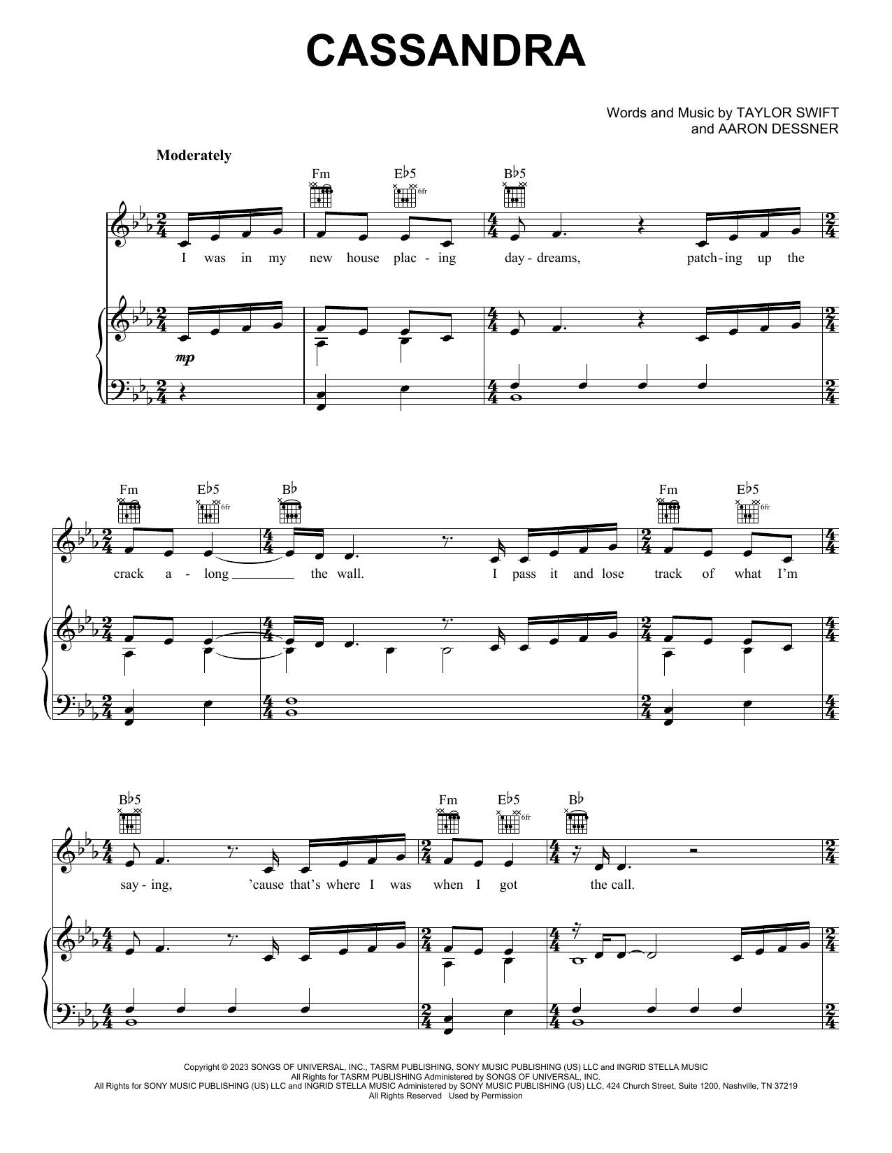 Taylor Swift Cassandra sheet music notes and chords arranged for Piano, Vocal & Guitar Chords (Right-Hand Melody)